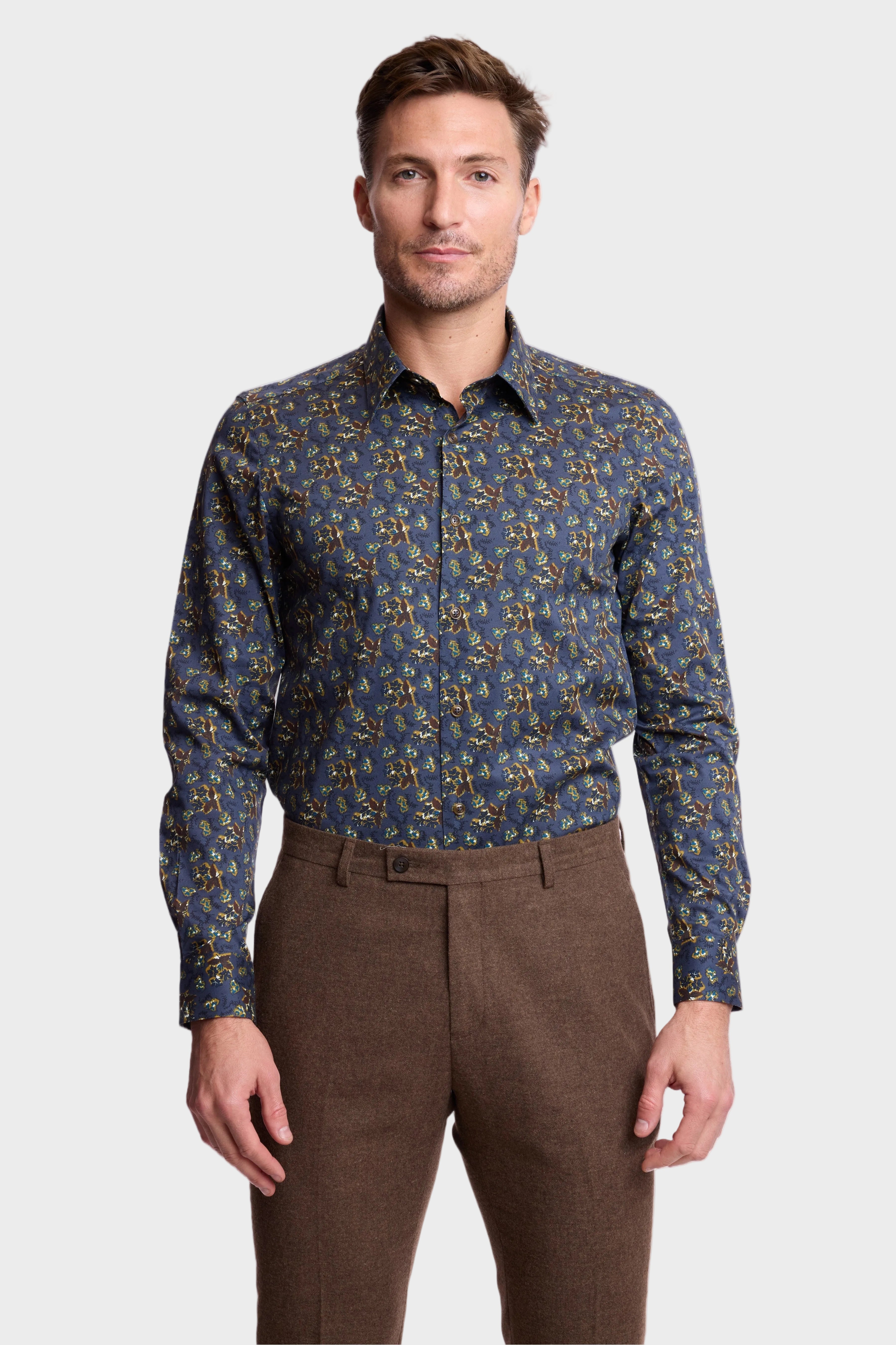 Parker Pointed Collar Shirt - Blue & Mustard Multi