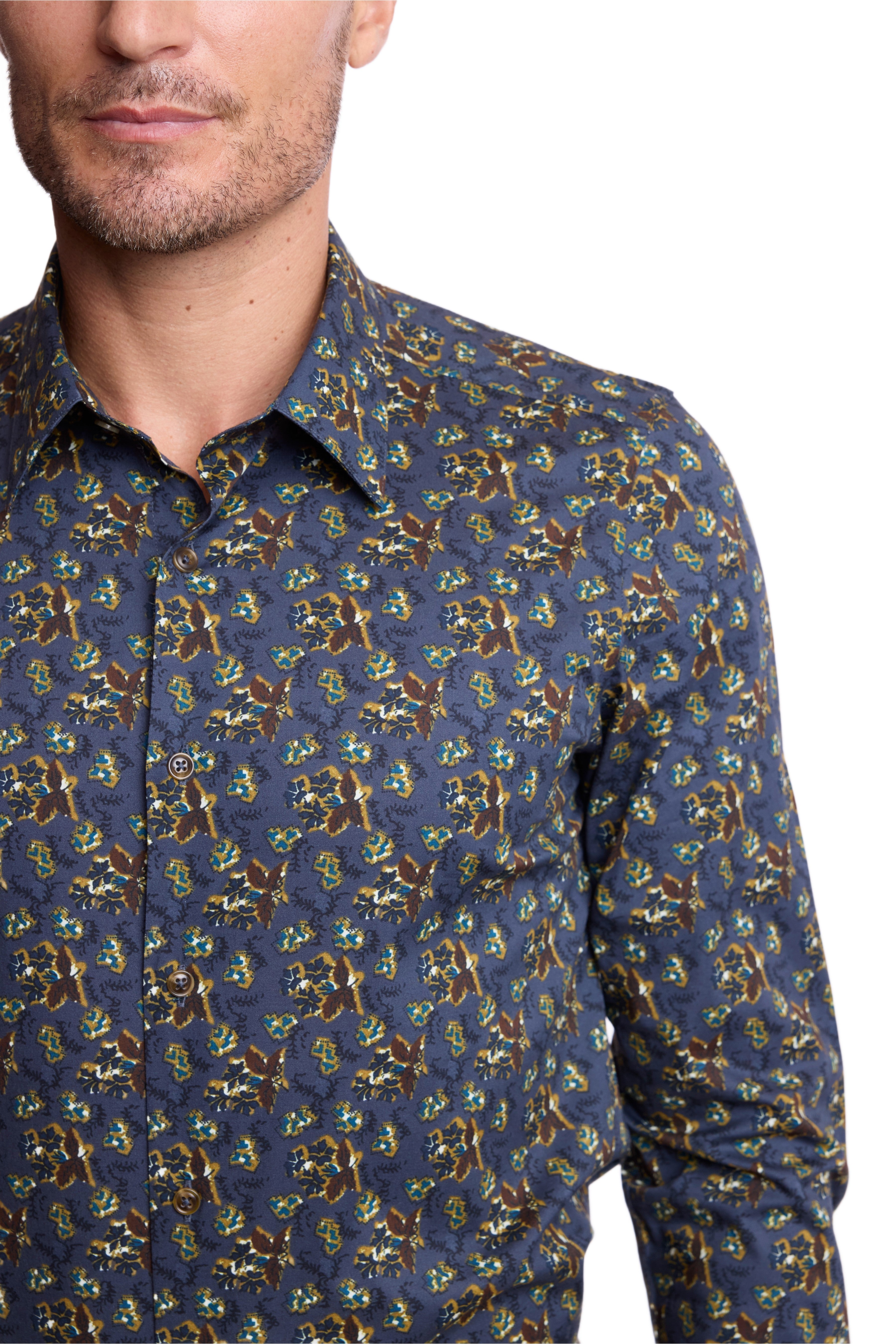 Parker Pointed Collar Shirt - Blue & Mustard Multi