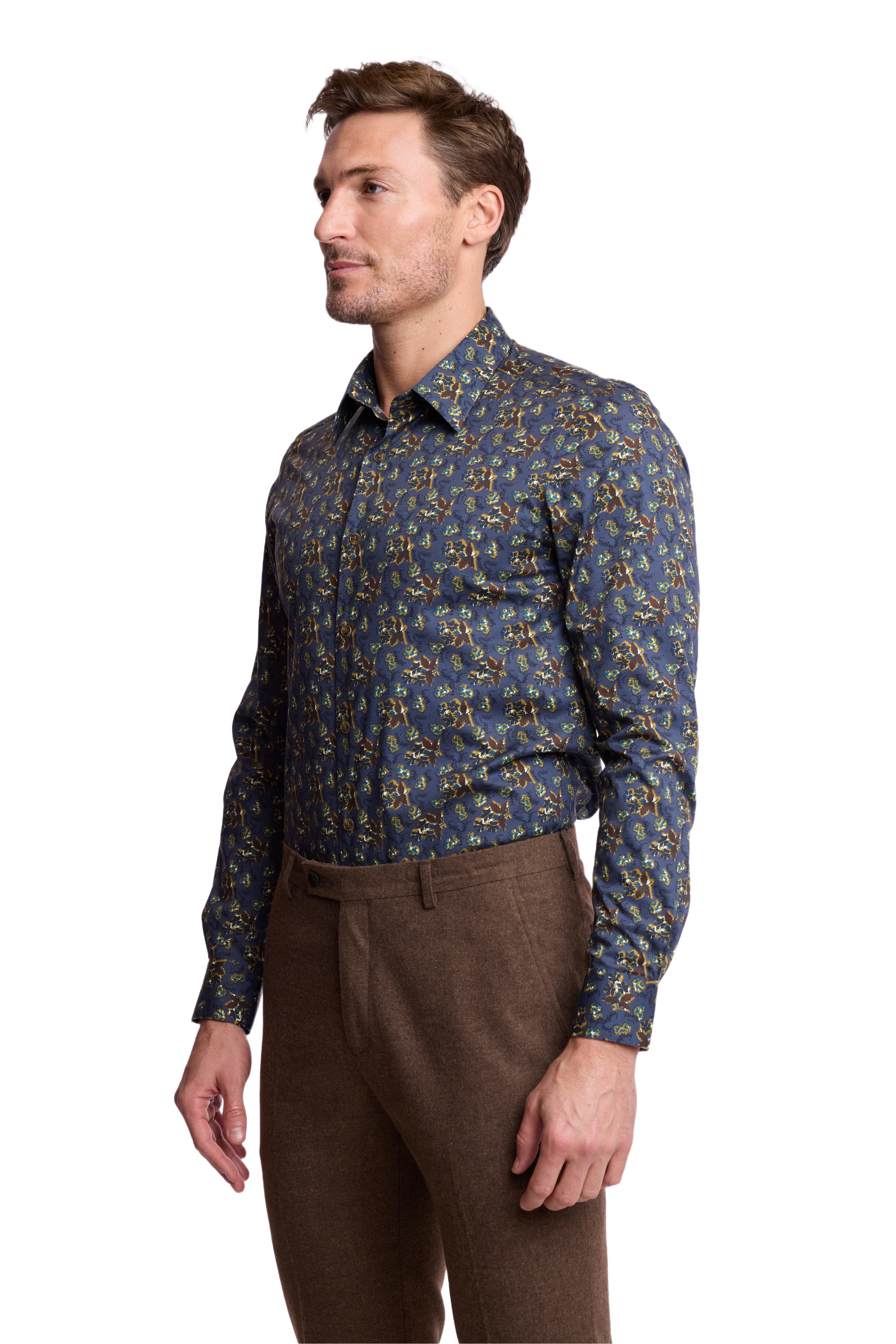 Parker Pointed Collar Shirt - Blue & Mustard Multi
