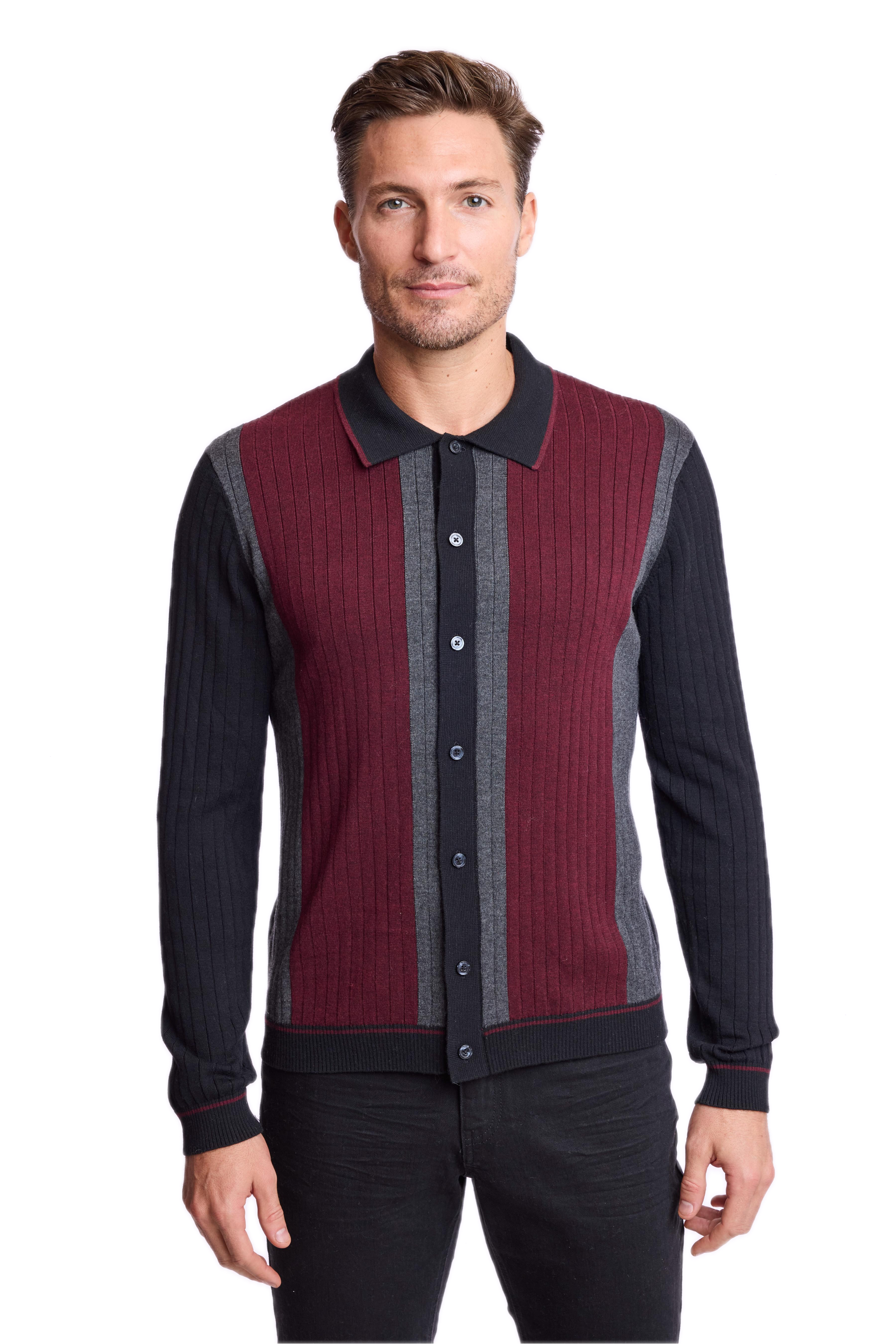 Color Blocked Full Placket Polo - Black Burgundy Charcoal