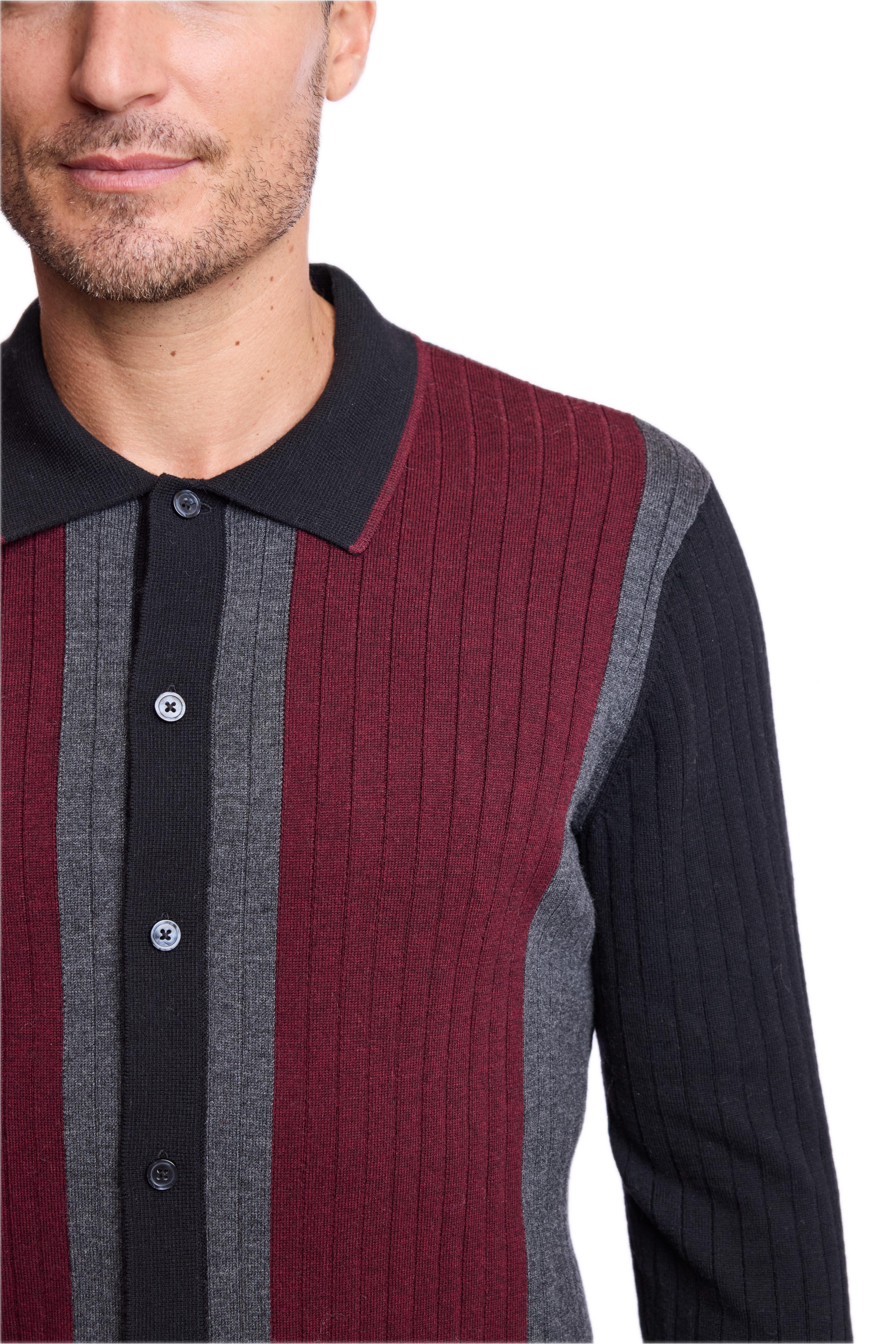 Color Blocked Full Placket Polo - Black Burgundy Charcoal