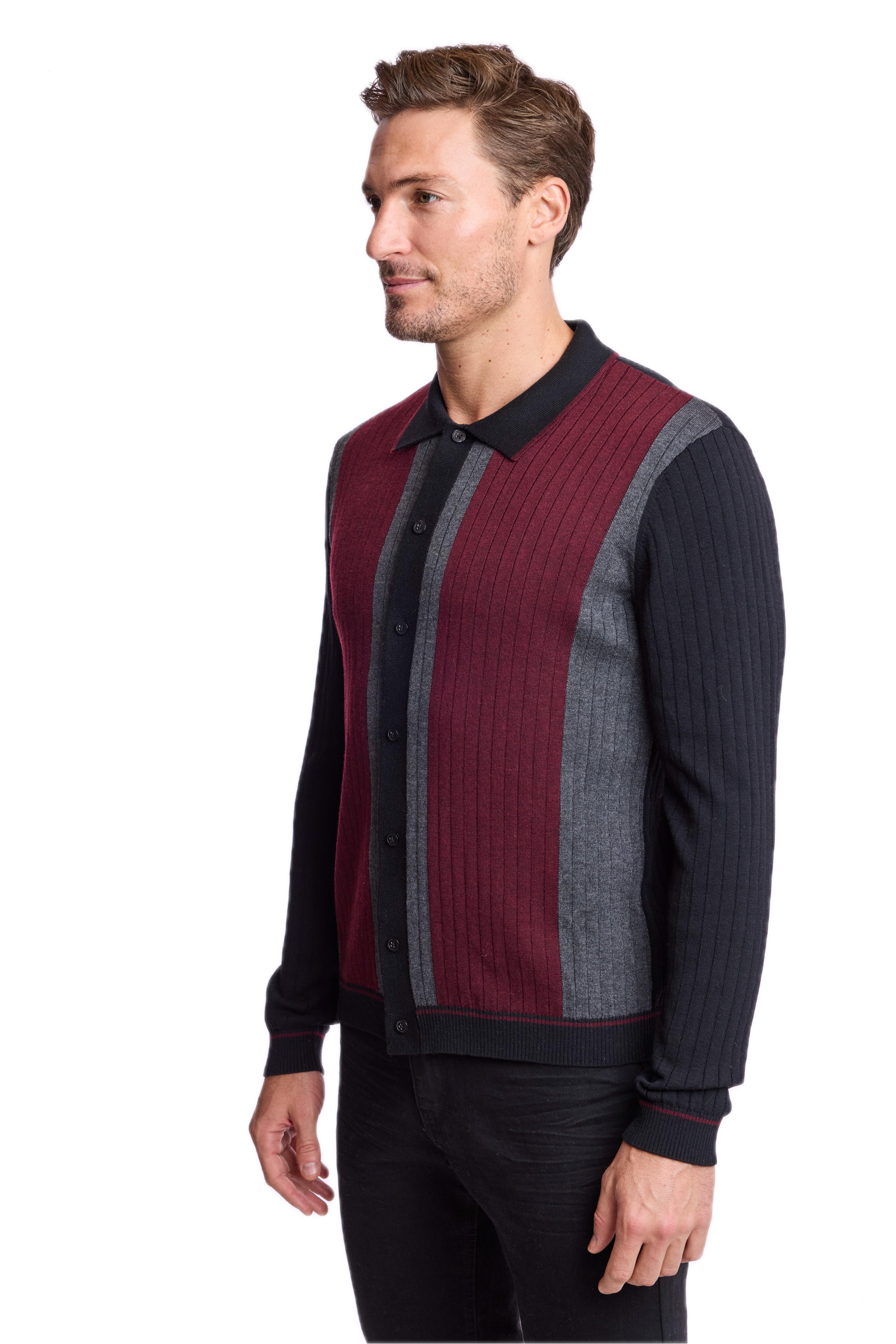 Color Blocked Full Placket Polo - Black Burgundy Charcoal