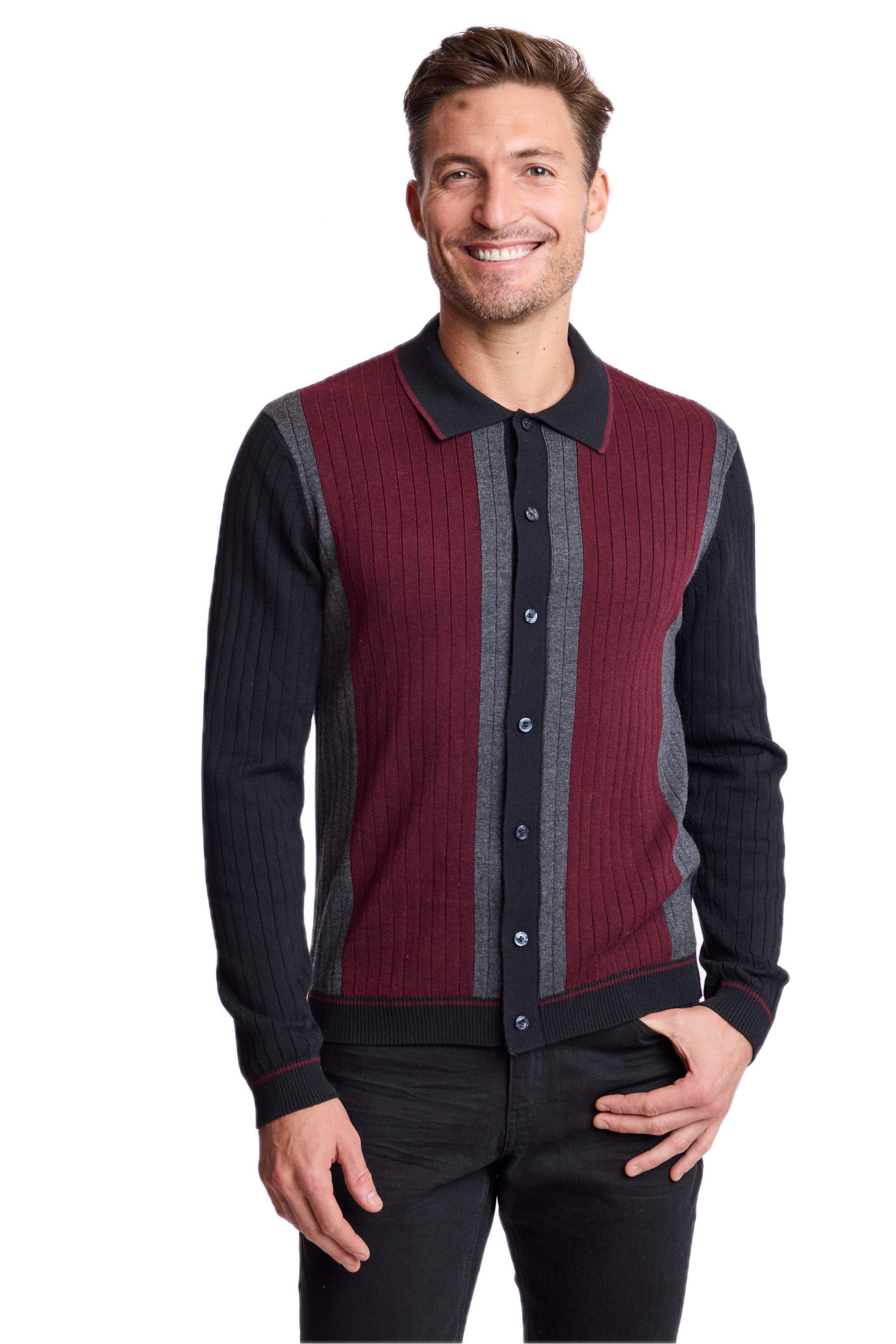 Color Blocked Full Placket Polo - Black Burgundy Charcoal