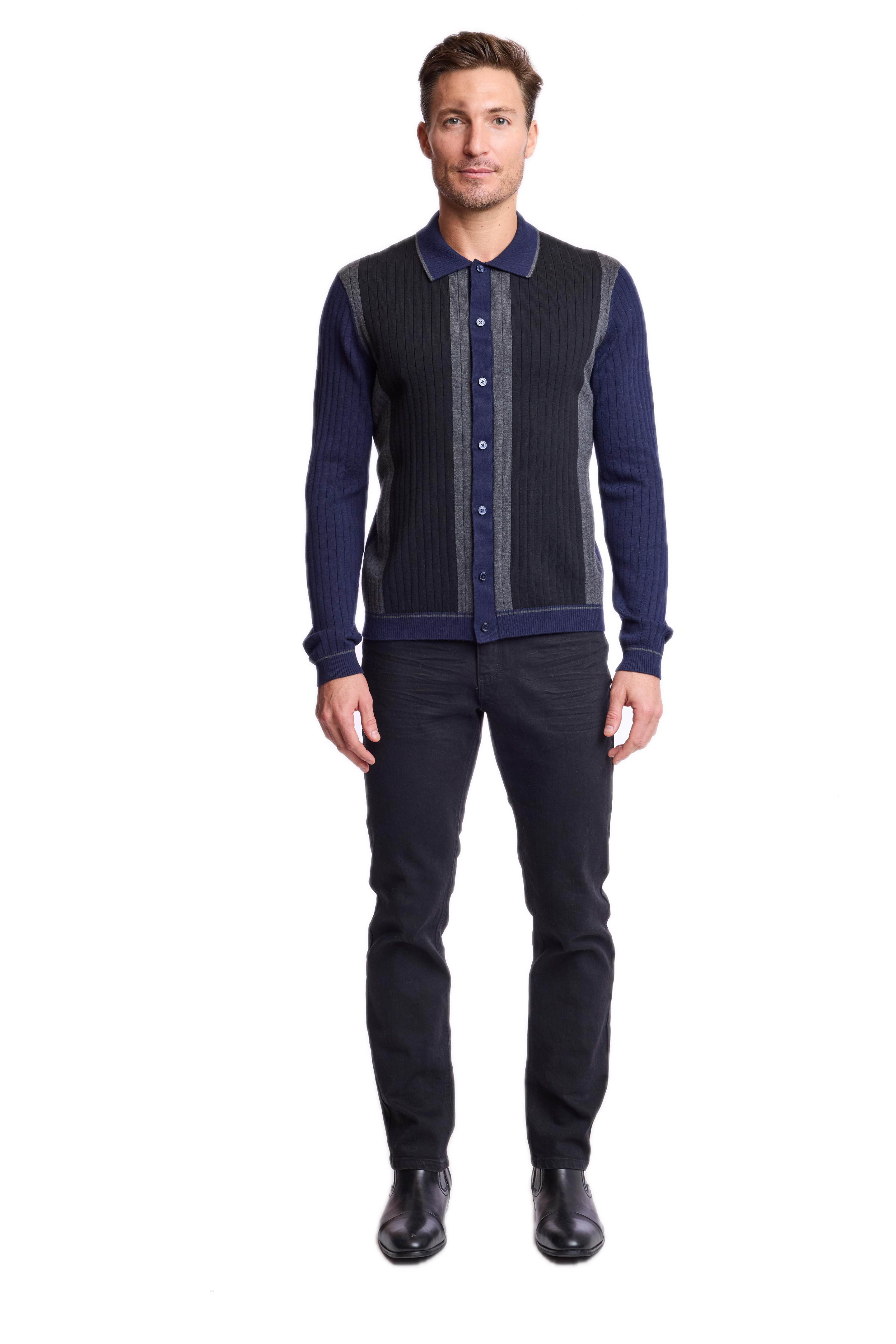 Color Blocked Full Placket Polo - Navy Black Charcoal