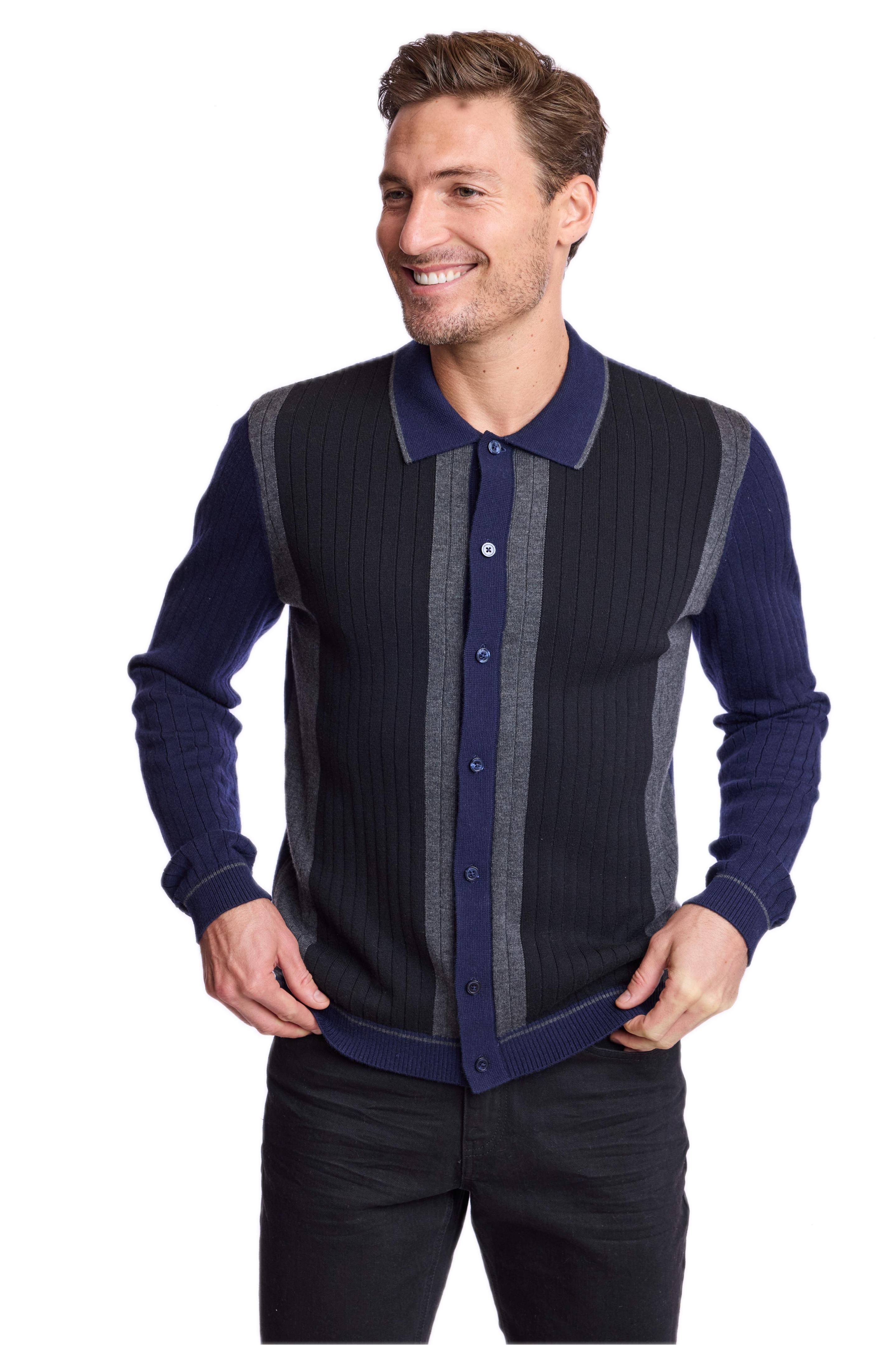Color Blocked Full Placket Polo - Navy Black Charcoal