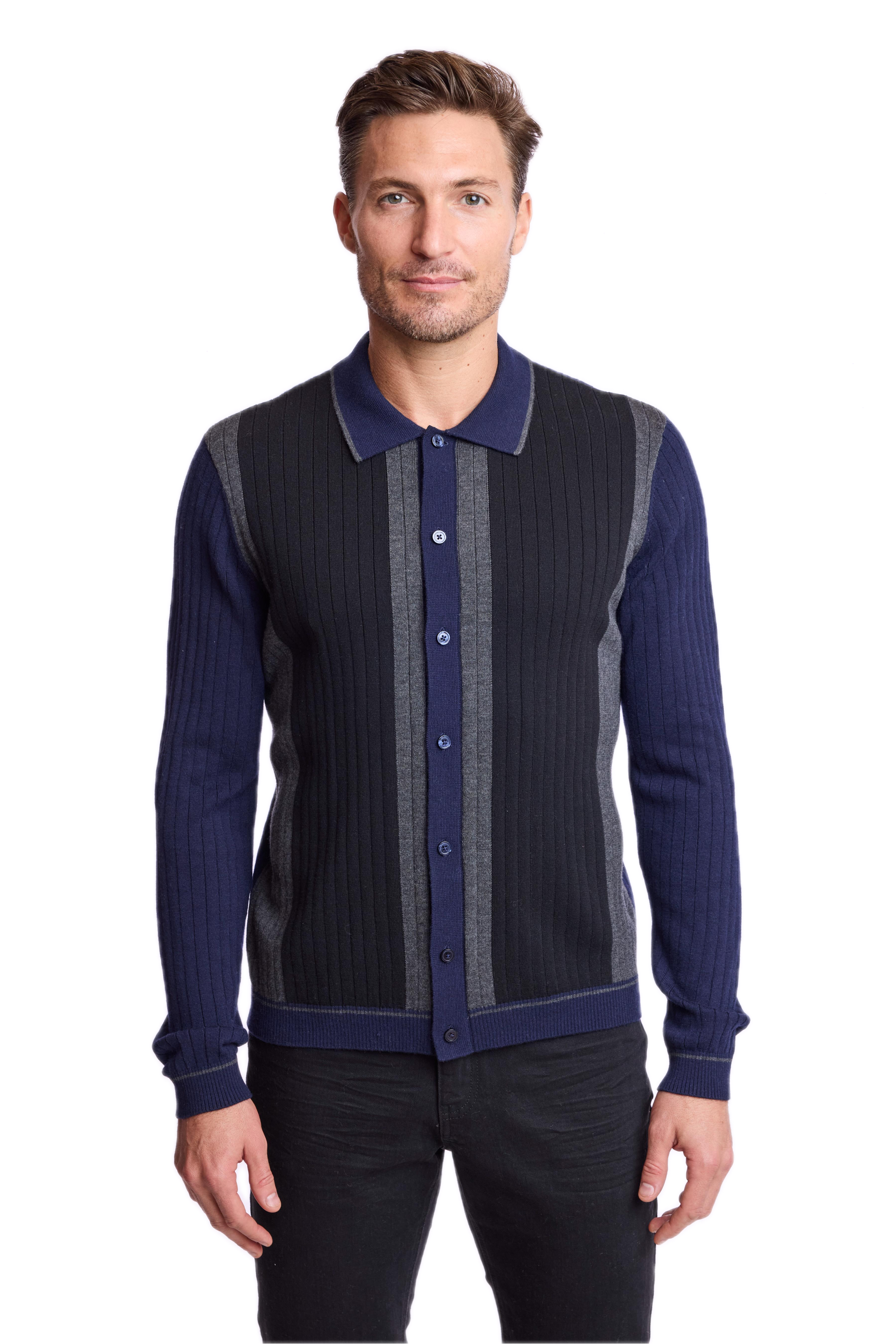 Color Blocked Full Placket Polo - Navy Black Charcoal