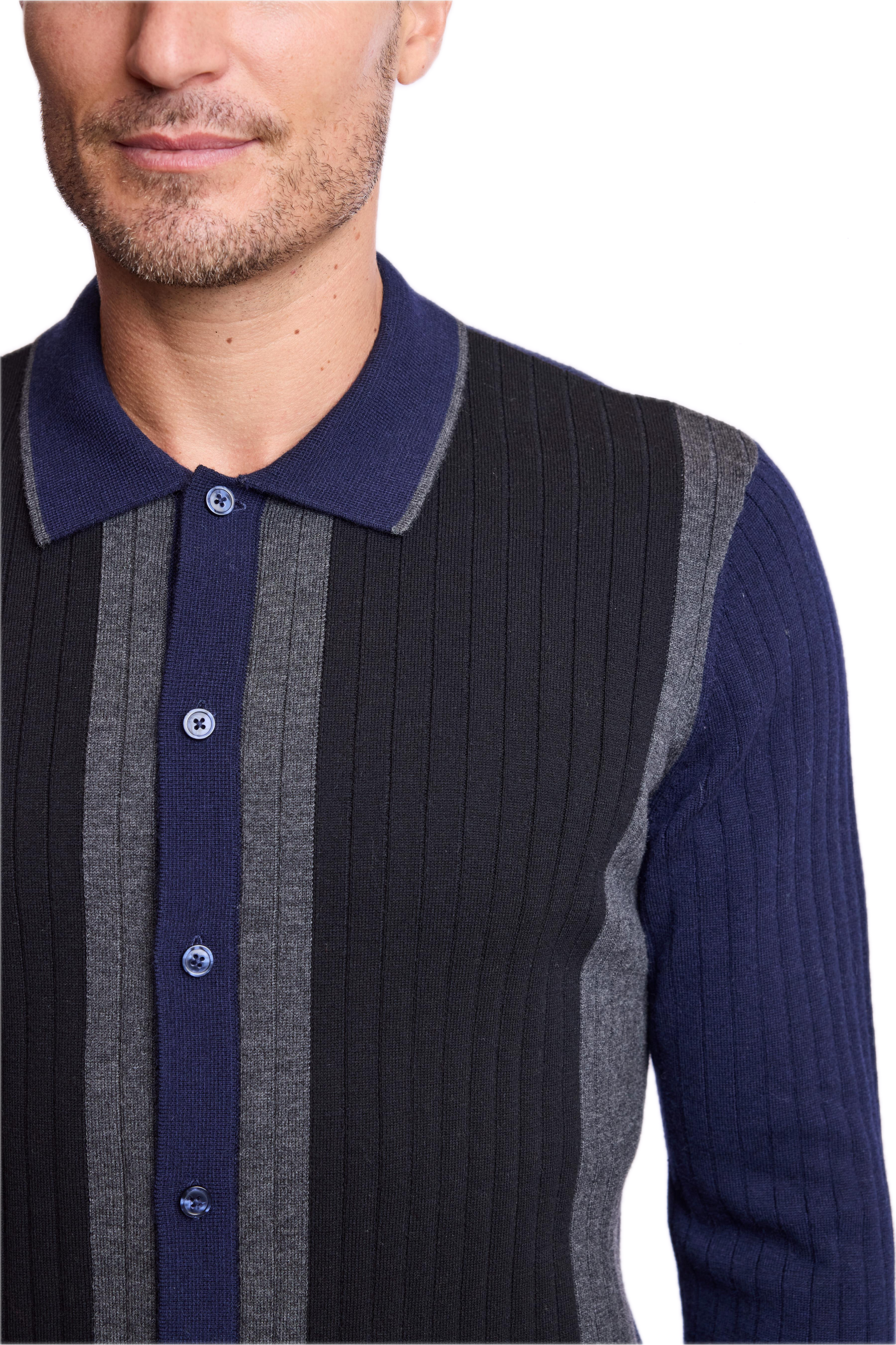 Color Blocked Full Placket Polo - Navy Black Charcoal