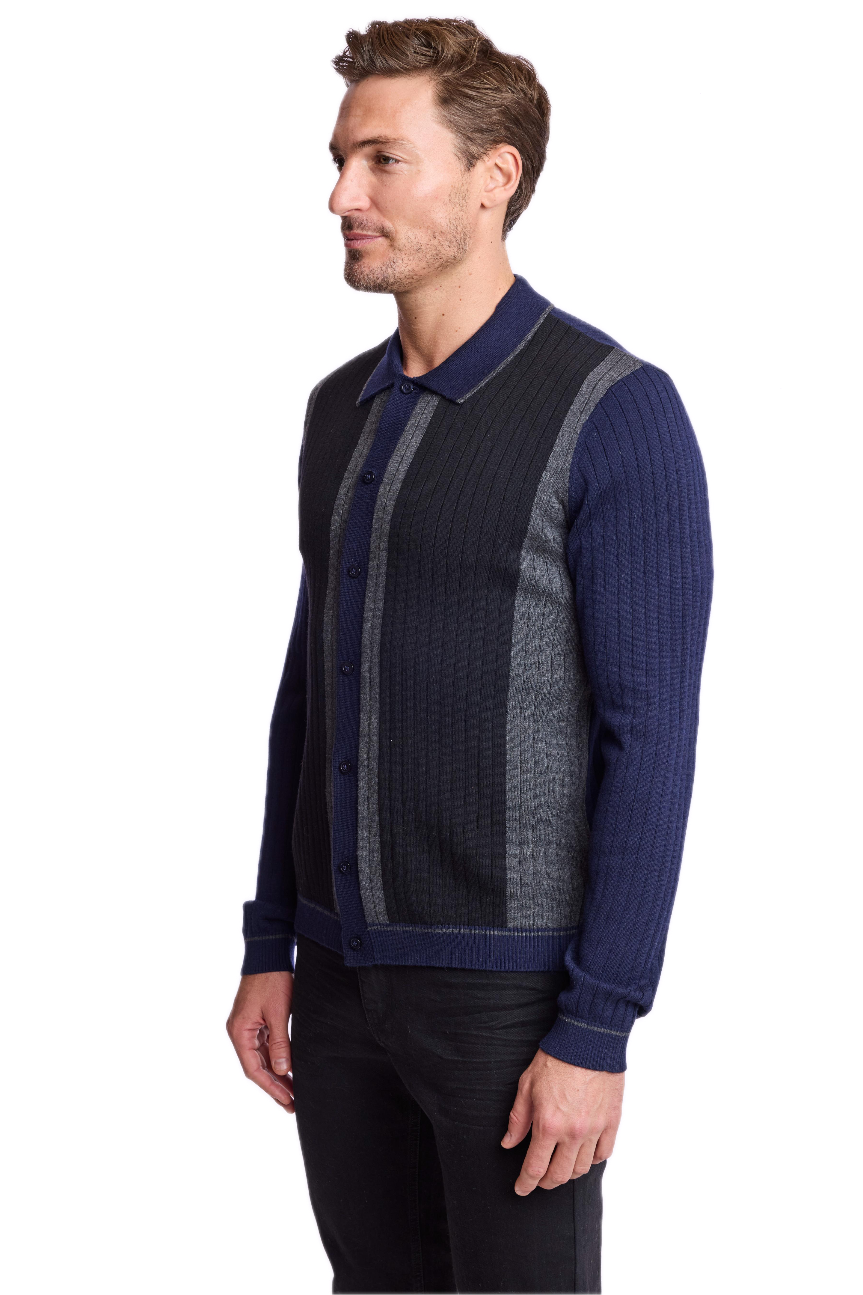 Color Blocked Full Placket Polo - Navy Black Charcoal