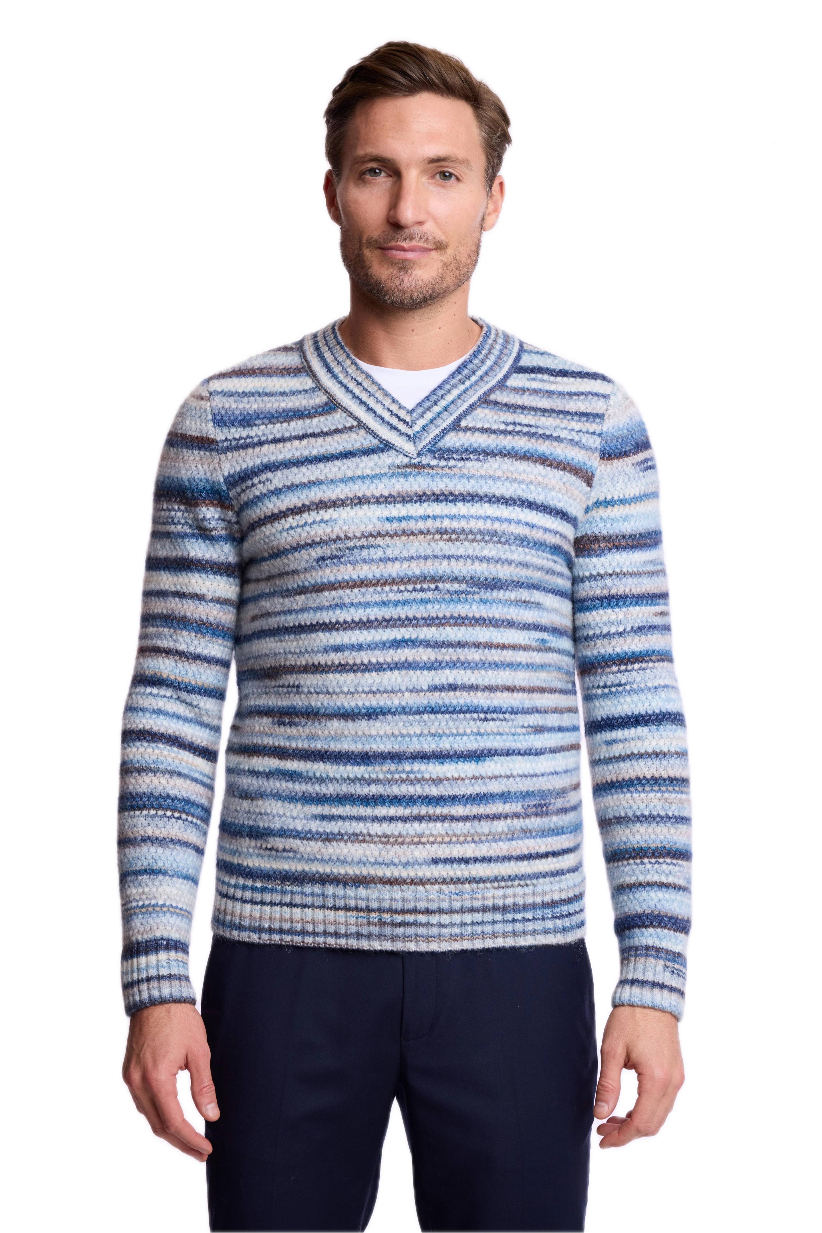 V-Neck Sweater - Blue Multi Stripes