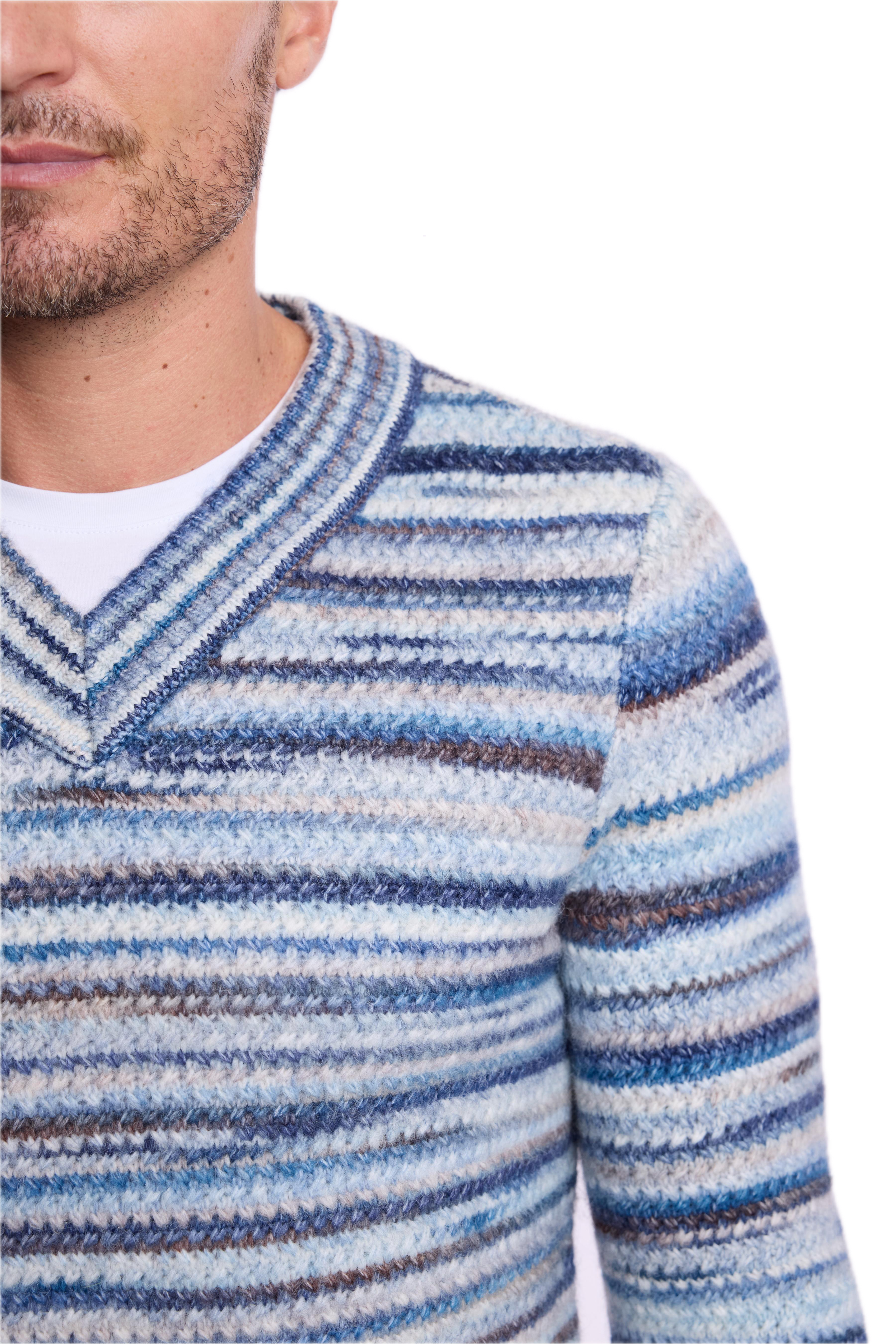 V-Neck Sweater - Blue Multi Stripes