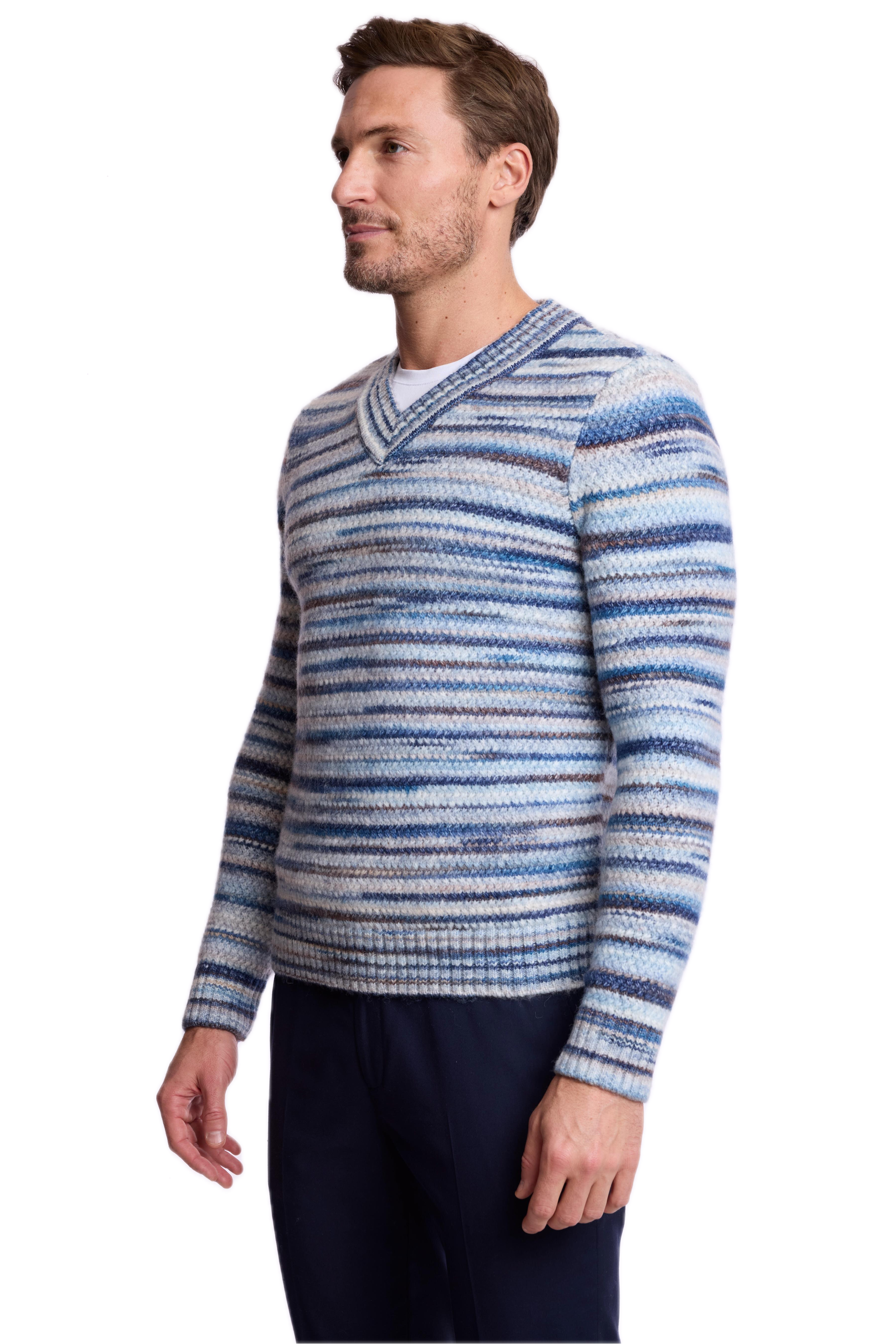 V-Neck Sweater - Blue Multi Stripes