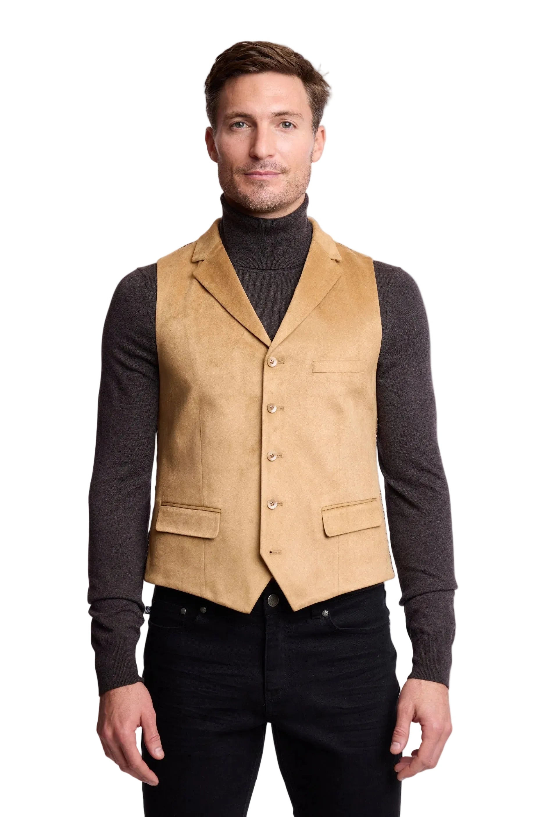 Barnsley 5 Button Vest w/ Collar - slim - Desert Tan Microsuede