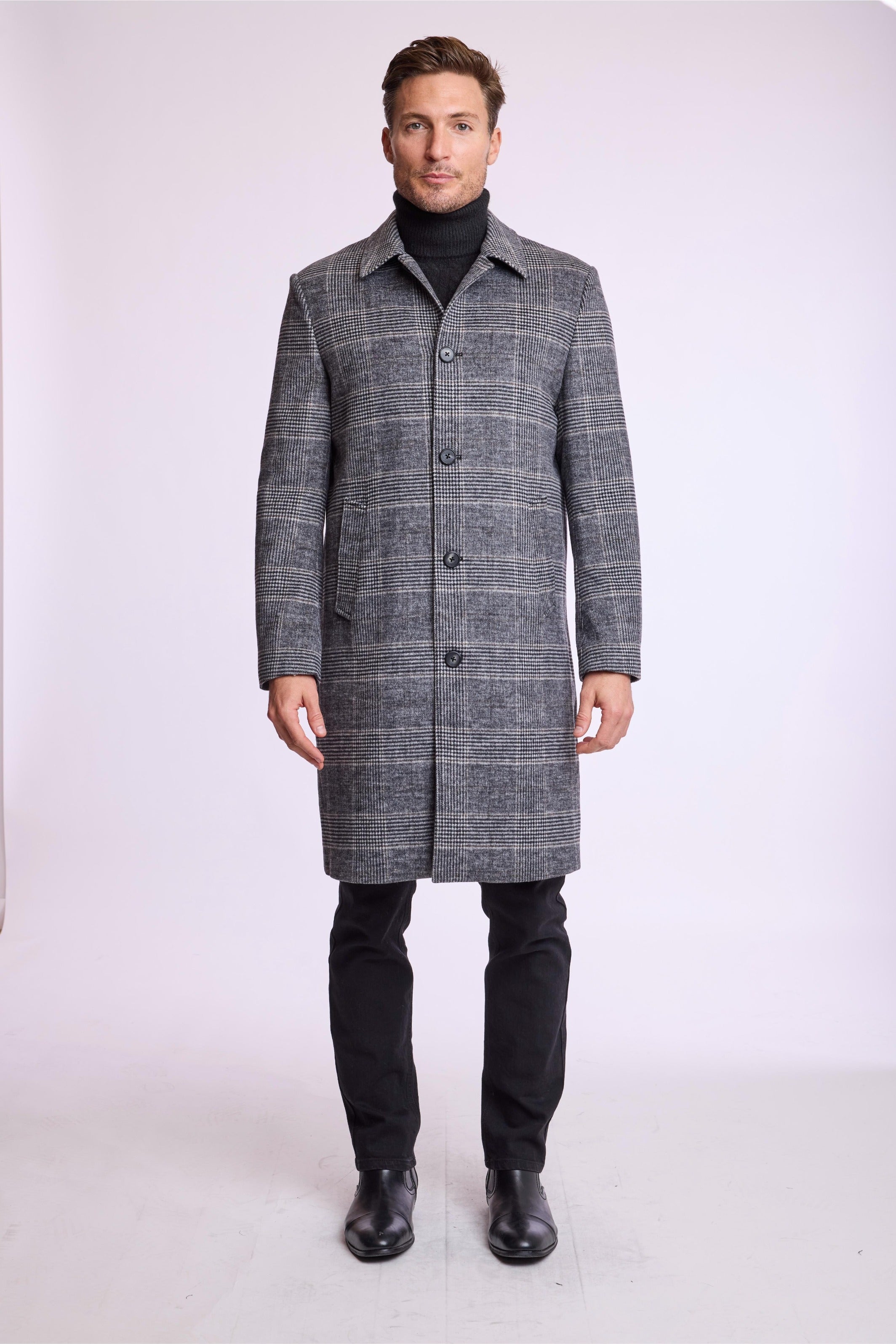 Slash Pocket Overcoat - slim - Black and White Check