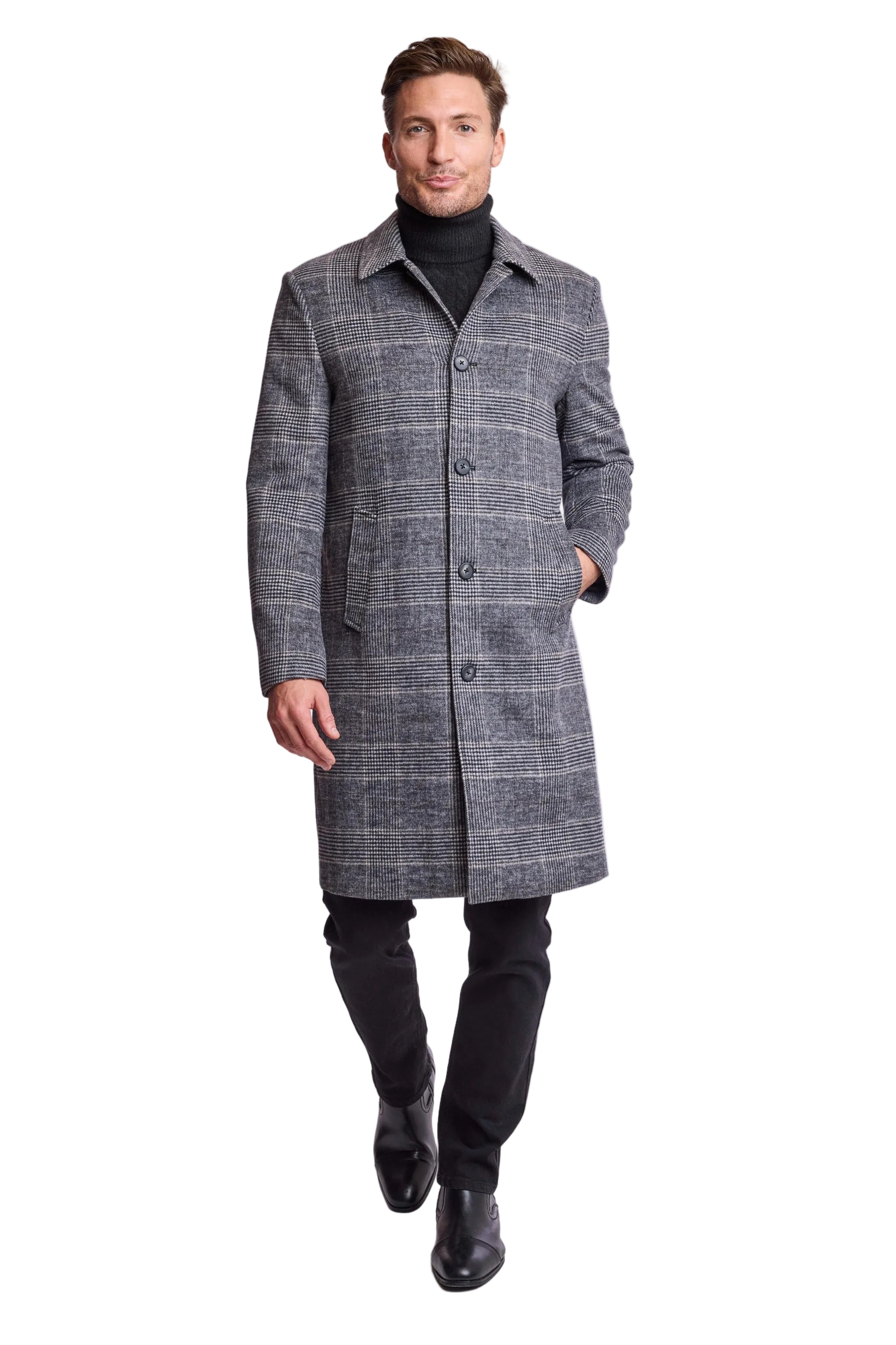 Slash Pocket Overcoat - slim - Black and White Check