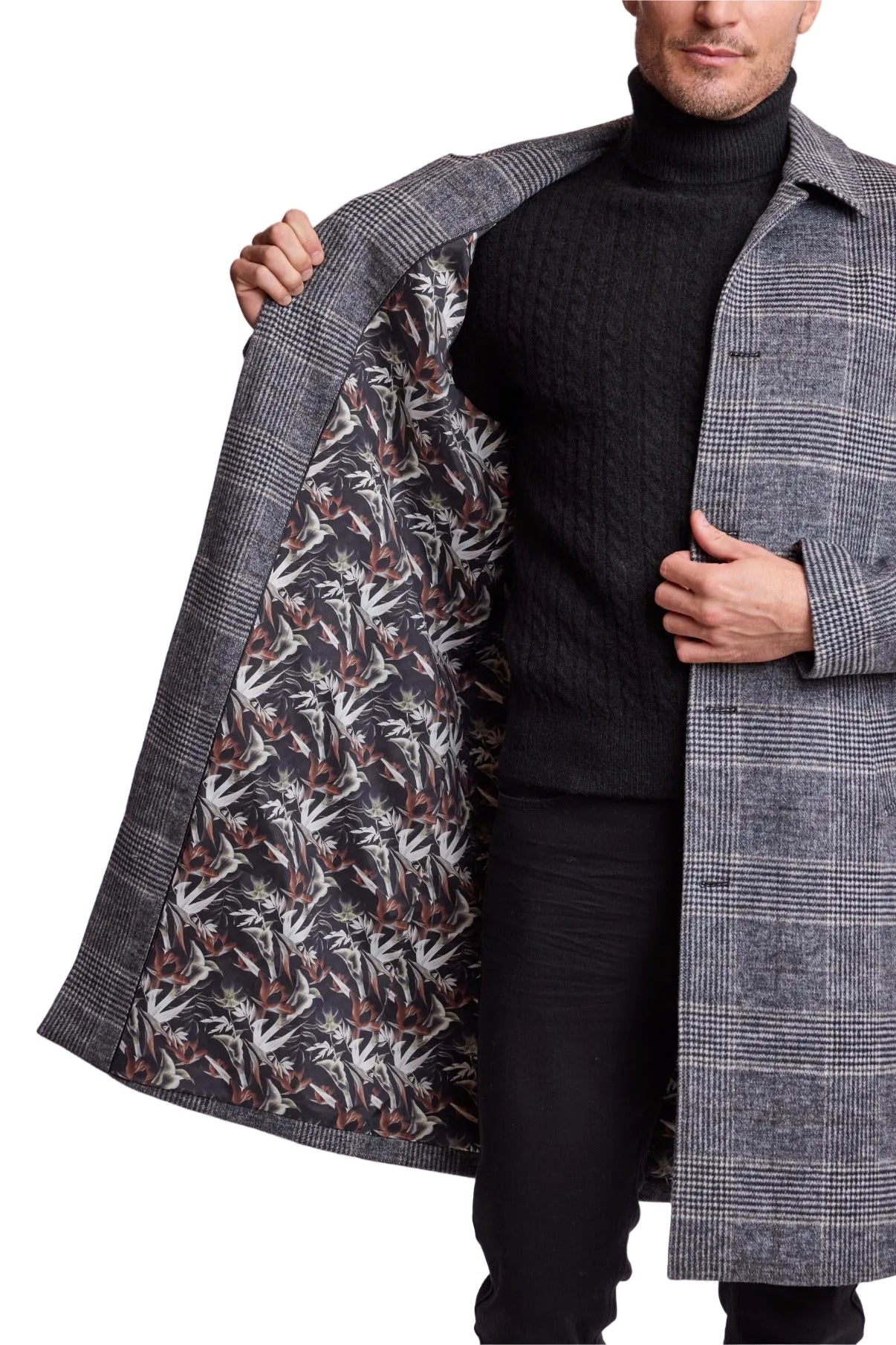 Slash Pocket Overcoat - slim - Black and White Check