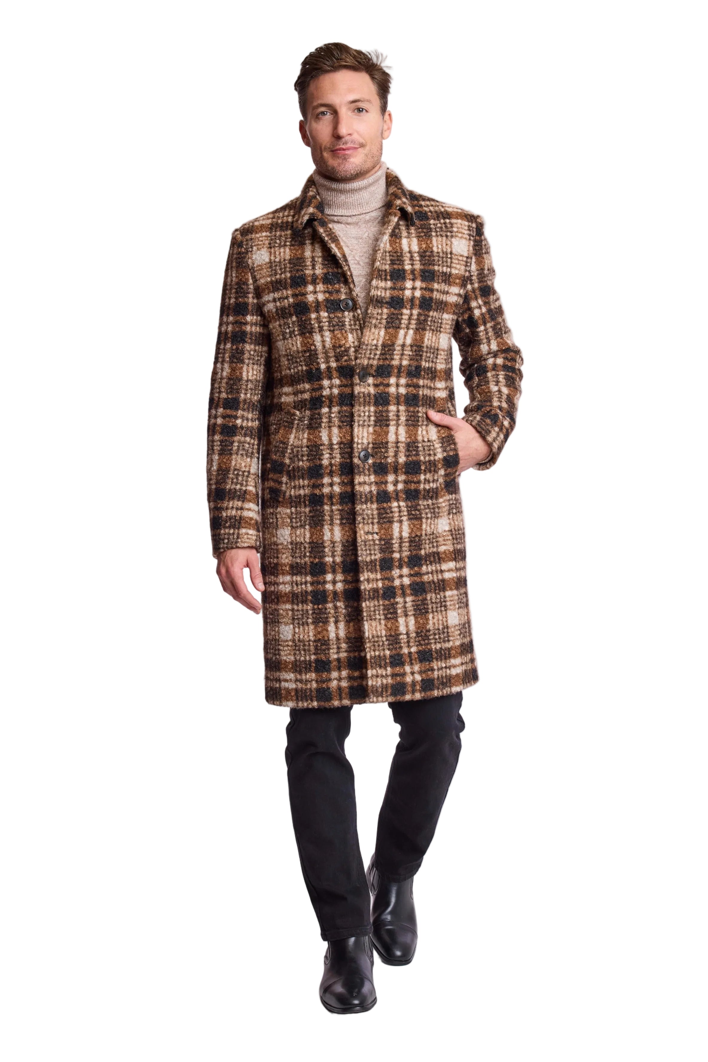 Slash Pocket Overcoat - slim - Chocolate Swirl Check