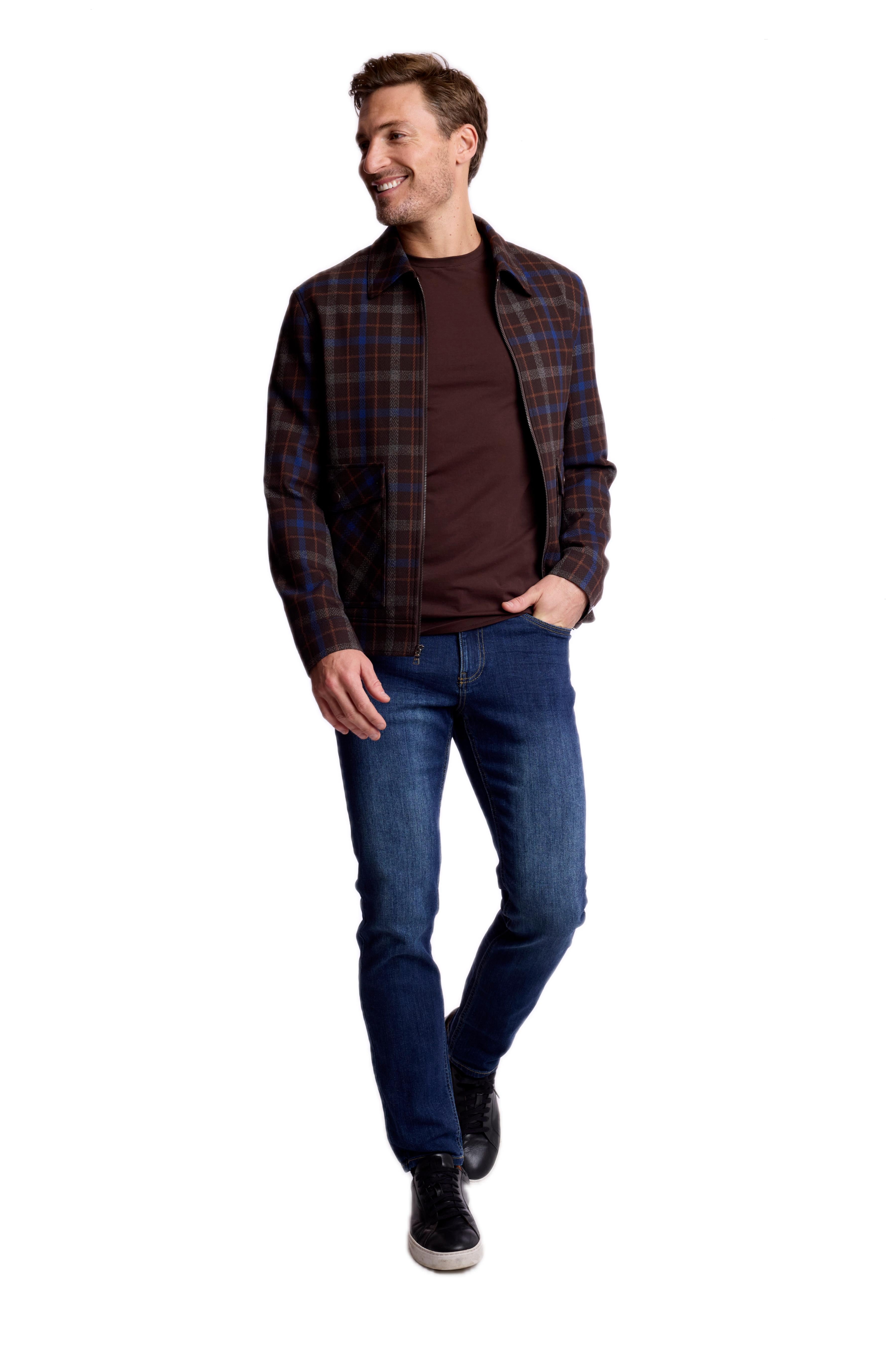 Milo Zip Bomber Jacket - Choc Royal Rust Check