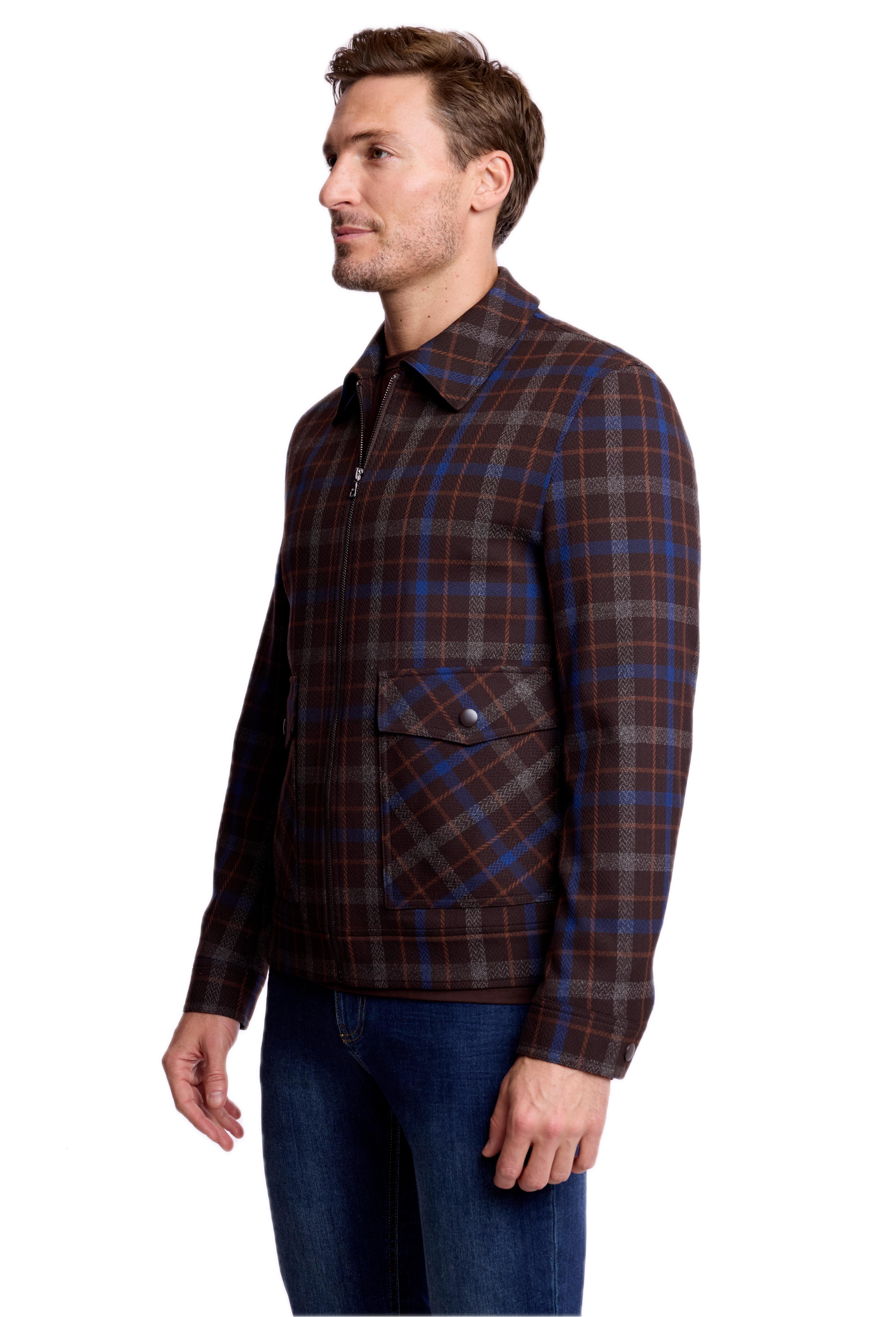 Milo Zip Bomber Jacket - Choc Royal Rust Check