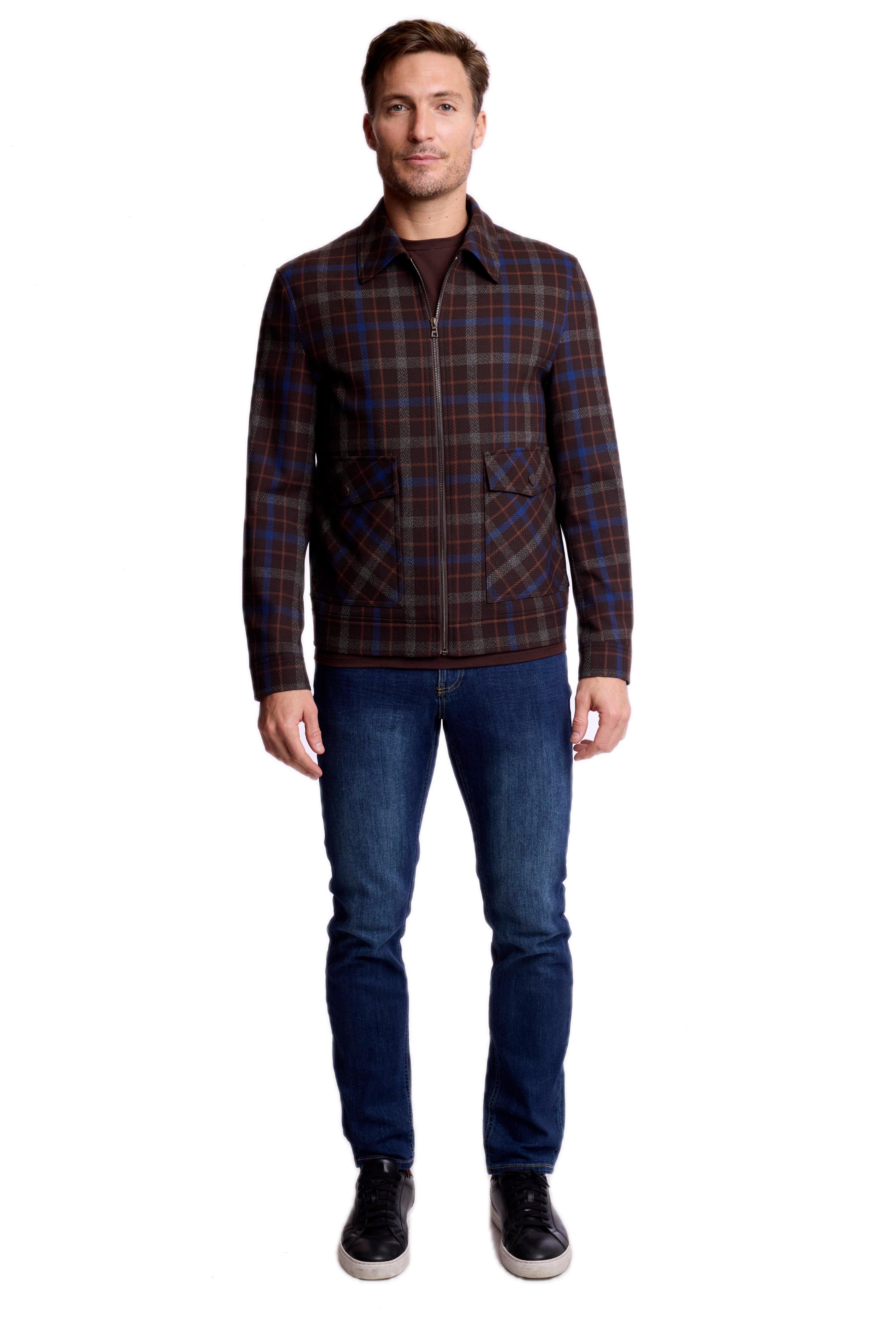 Milo Zip Bomber Jacket - Choc Royal Rust Check