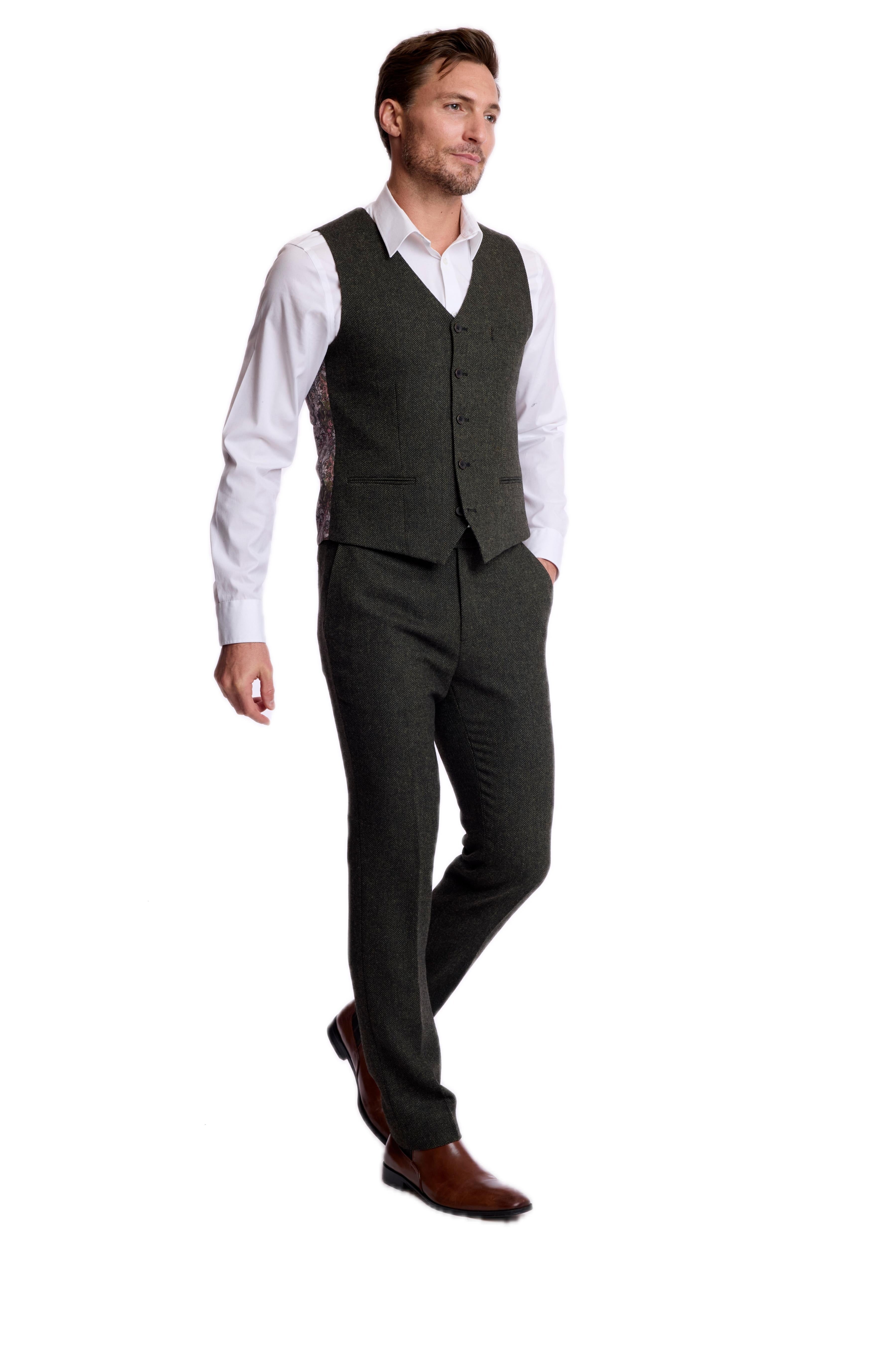 Eaton 5 Button Vest - slim - Green Blk Herringbone