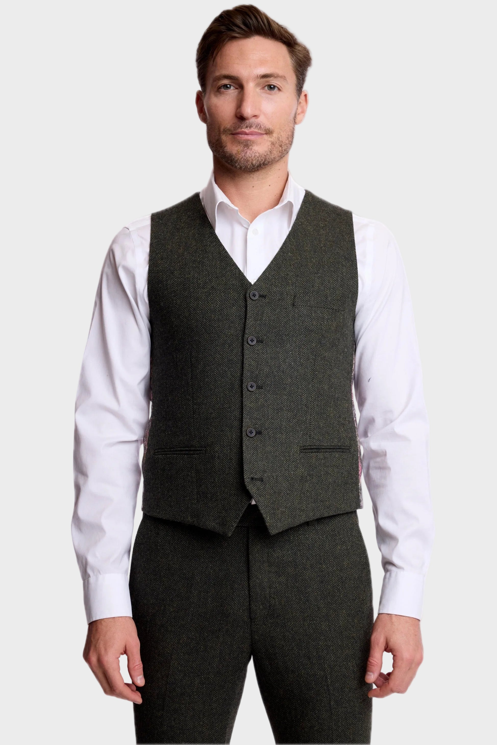 Eaton 5 Button Vest - slim - Green Blk Herringbone