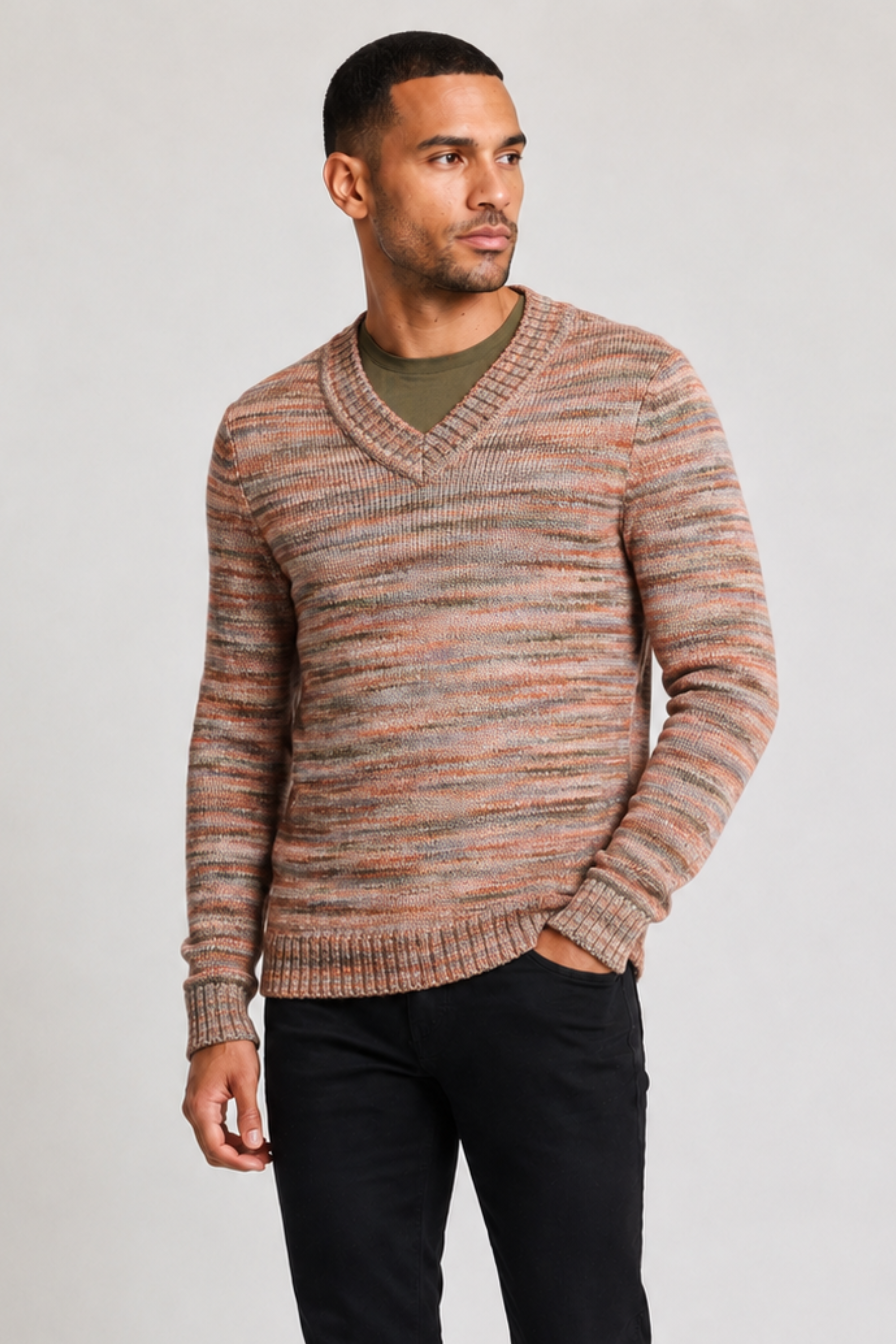 V-Neck Sweater - Sage Tan Multi