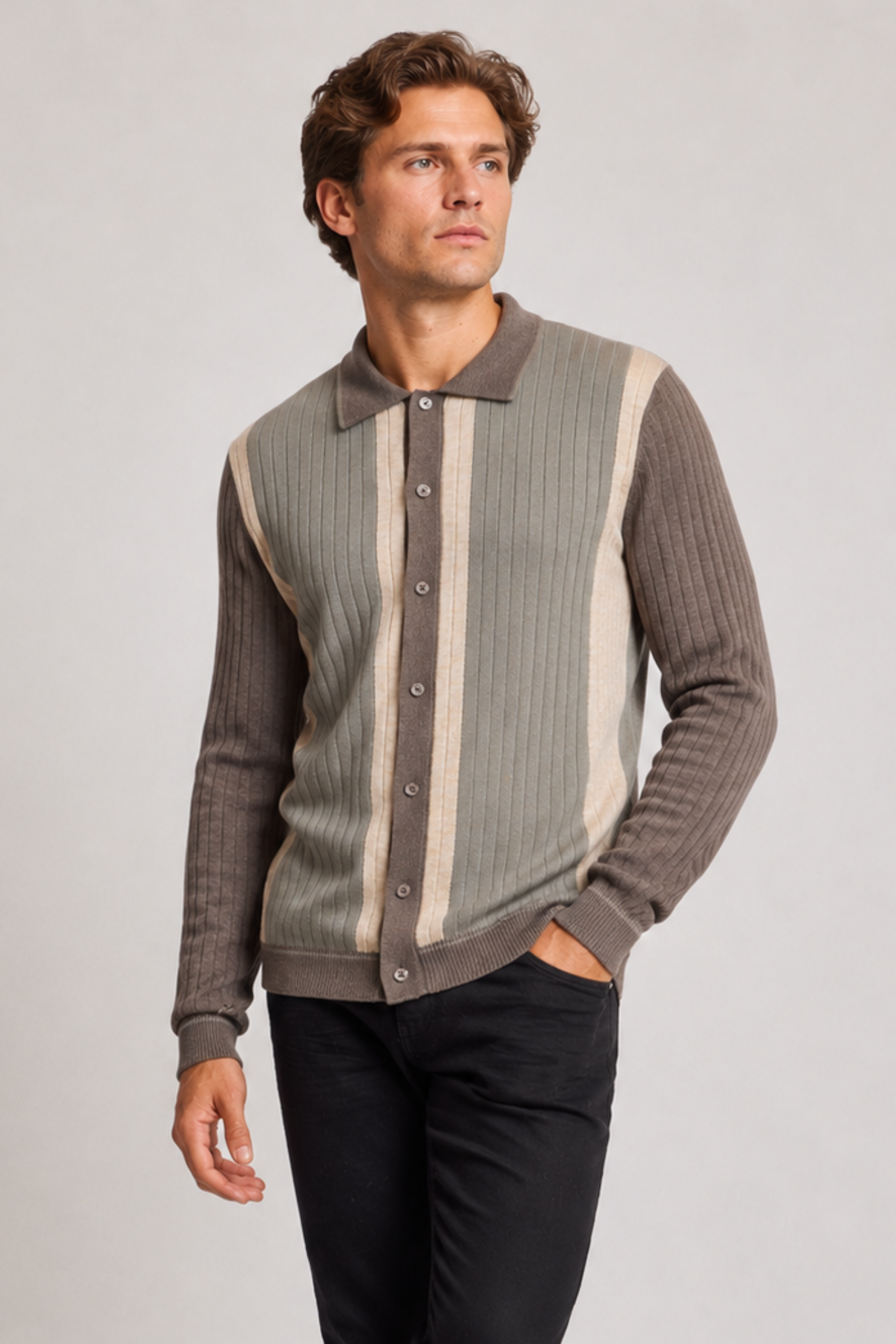 Color Blocked Full Placket Polo - Wood Sage British Beige