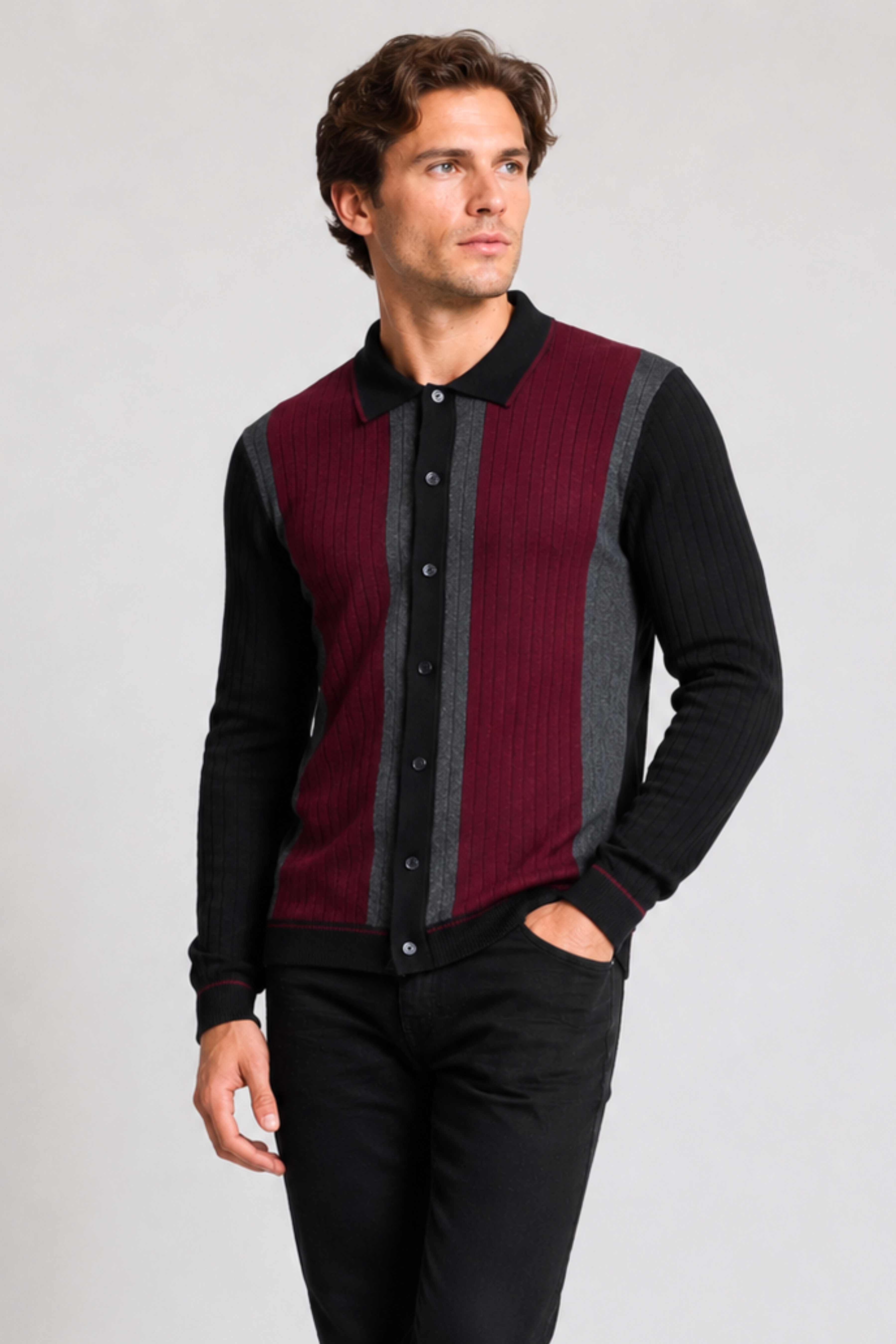 Color Blocked Full Placket Polo - Black Burgundy Charcoal