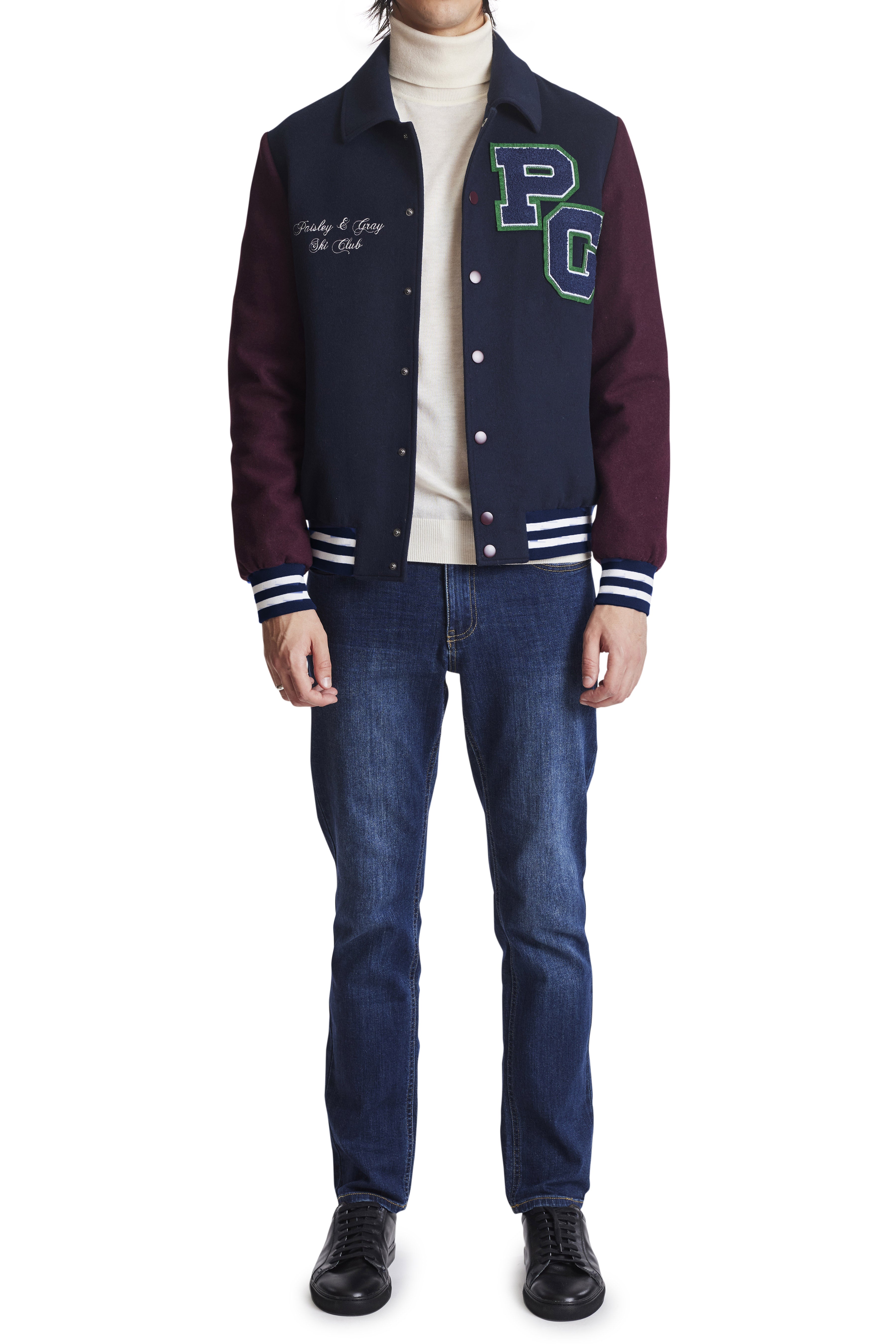 Ski Club Down Varsity Jacket - Navy Burgundy