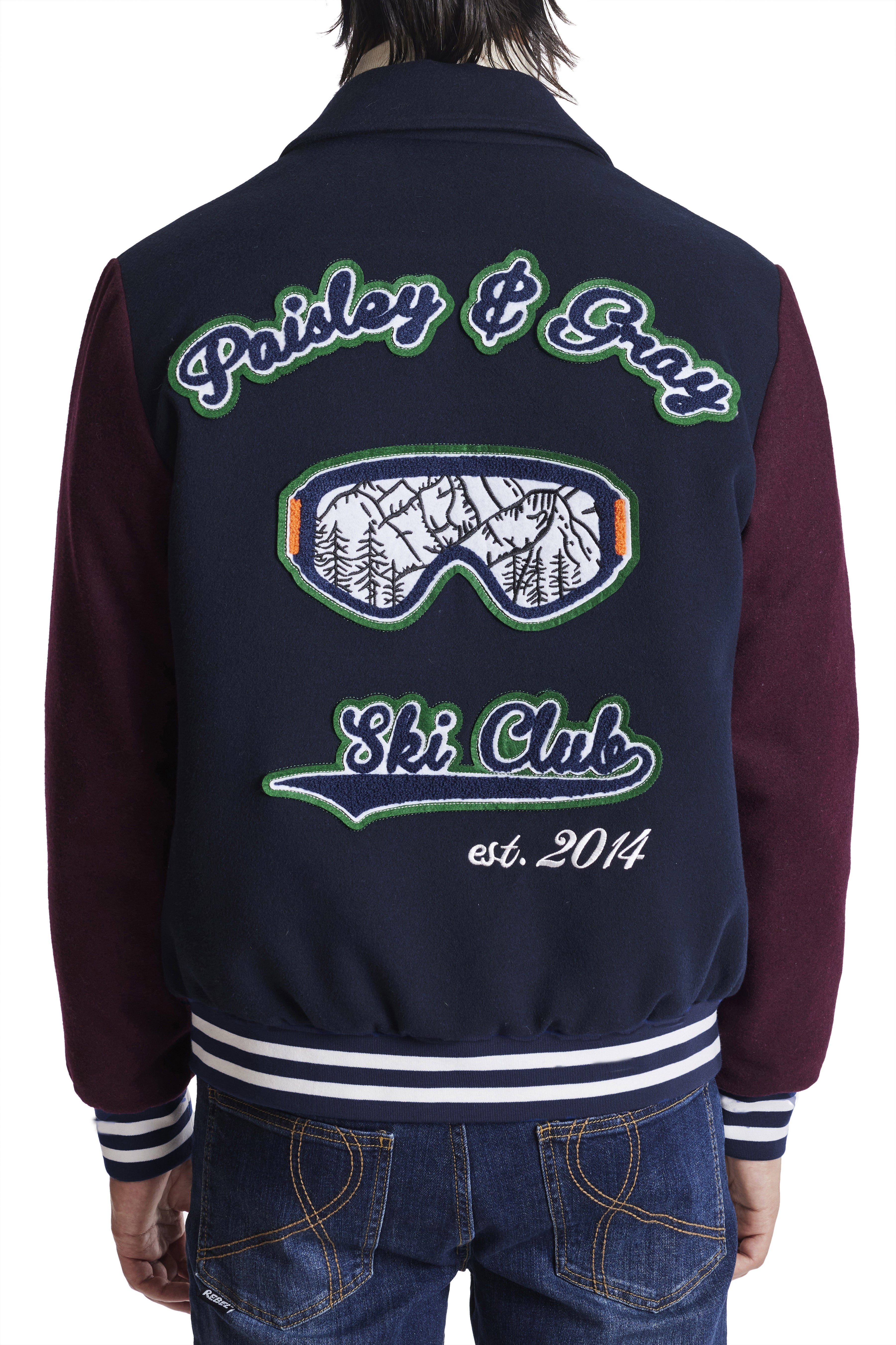 Ski Club Down Varsity Jacket - Navy Burgundy