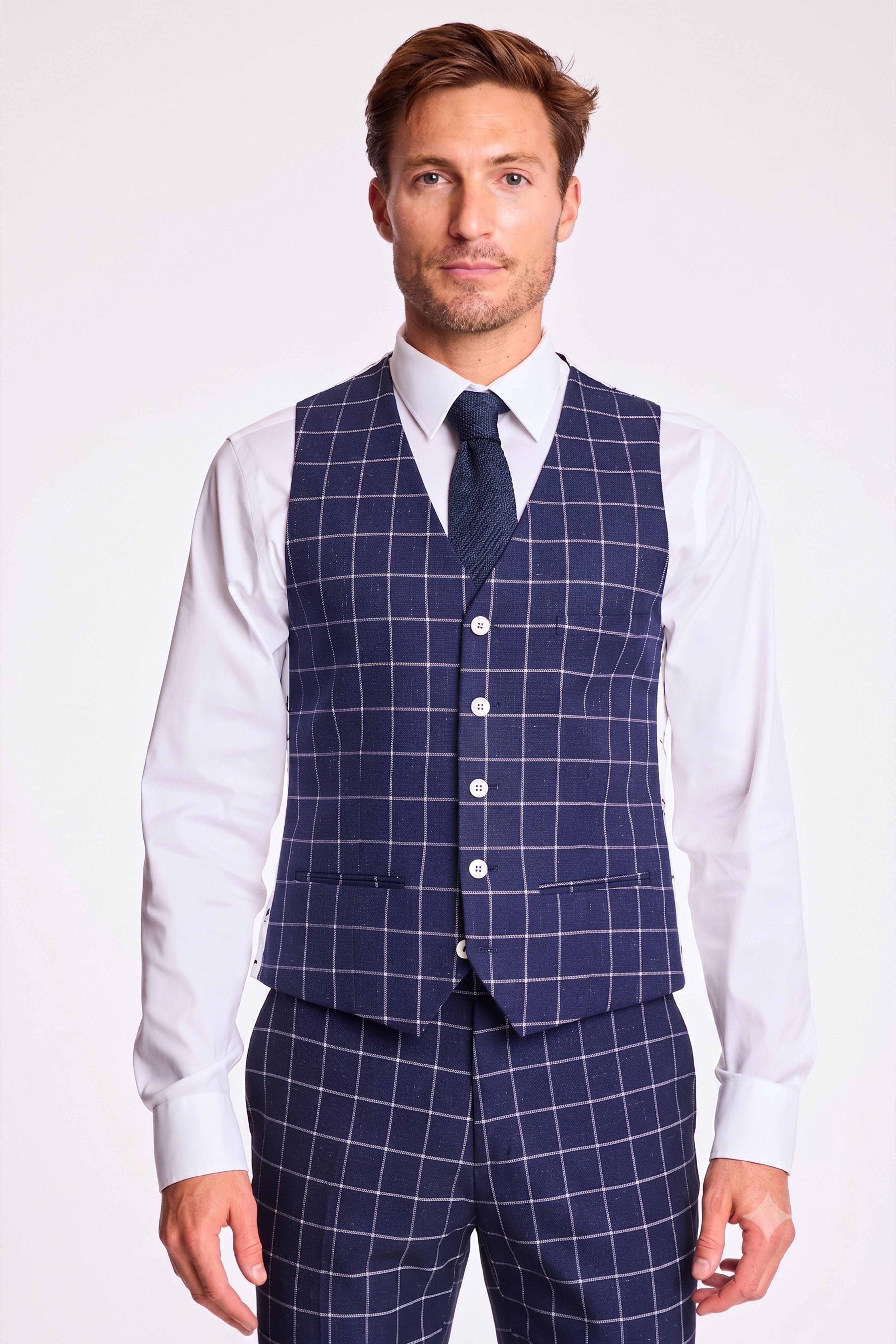 Eaton 5 Button Vest - slim - White Navy Windowpane