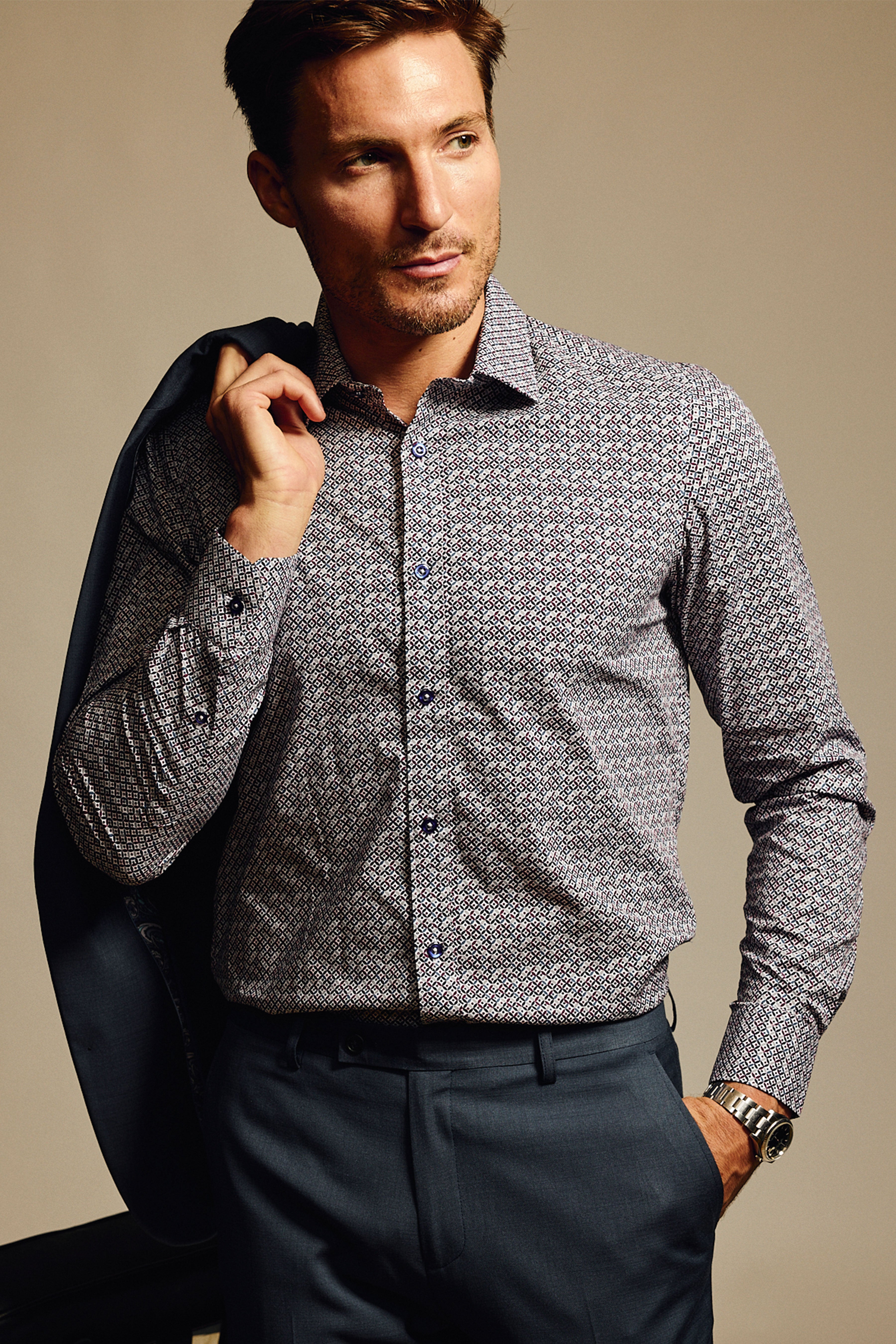 Samuel Spread Collar Shirt - Red Blue & White Geo