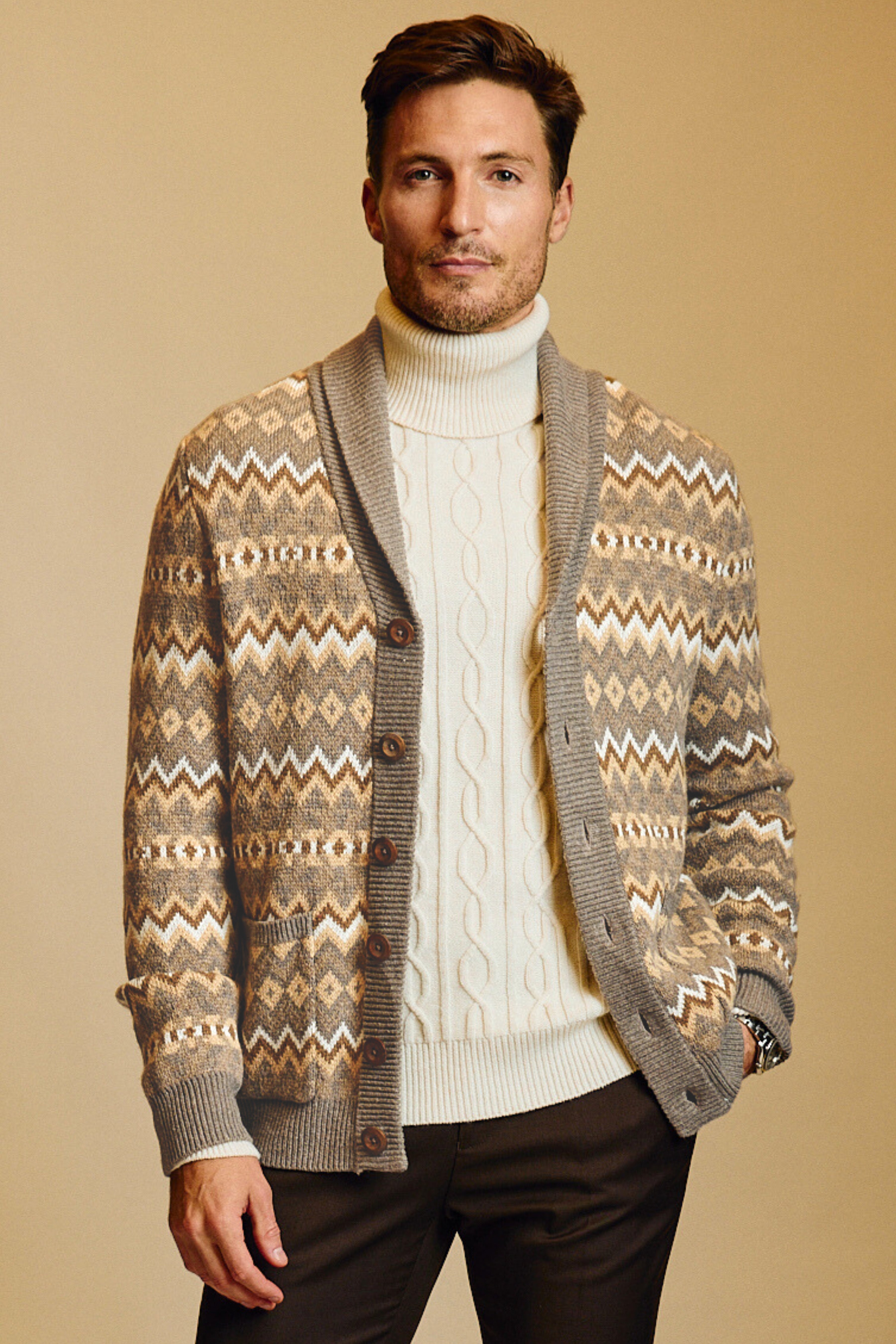 Shawl Collar Cardigan - Caramel Zig Zag
