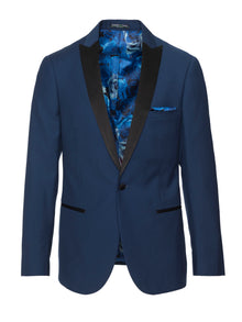  paisley & gray blue solid slim fit peak lapel basic tuxedo jacket 1894J blue monochromatic floral lining and pocket square black satin lapel, trim & buttons flap pockets