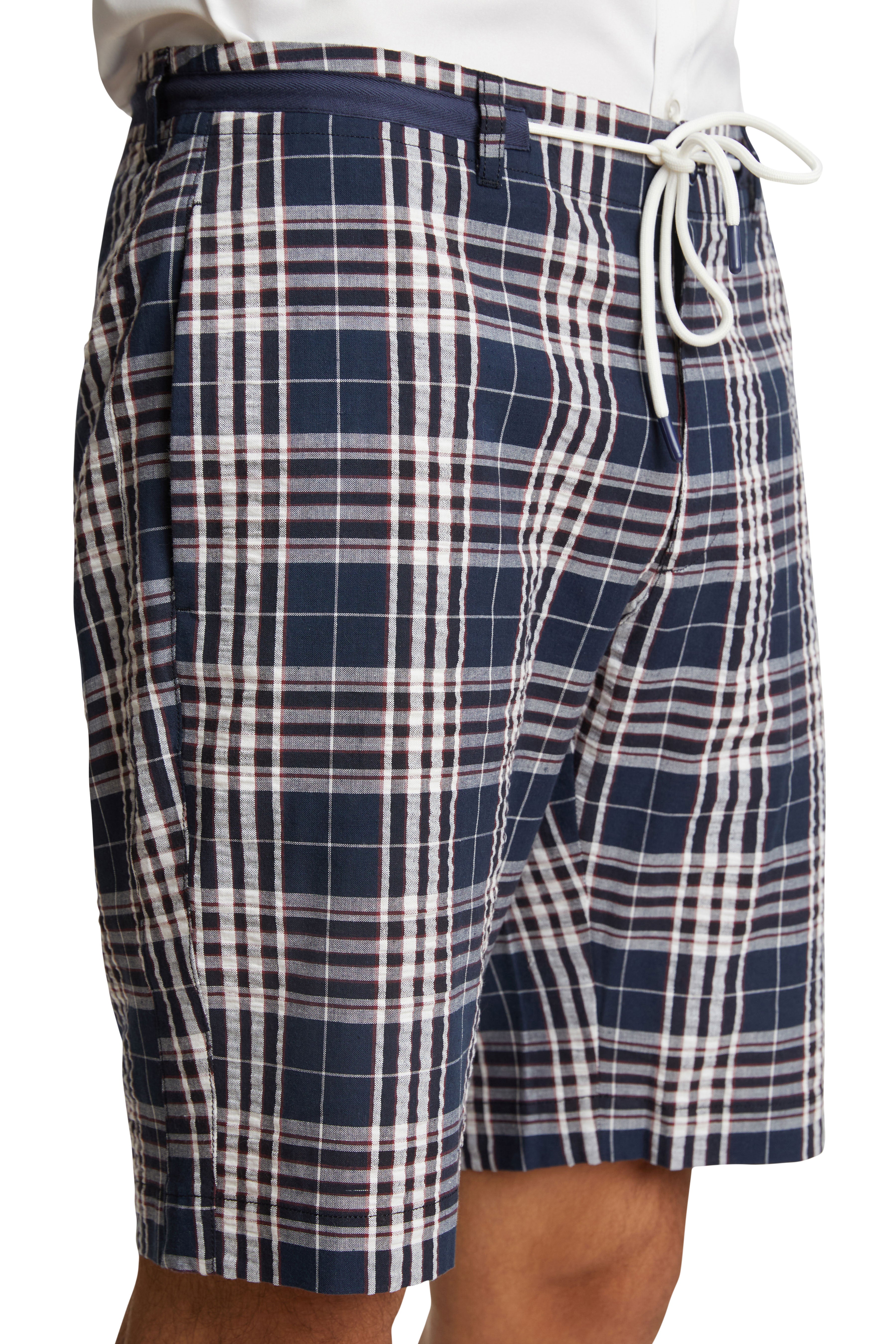 Chillin Drawstring Shorts - slim - Navy Red Seersucker