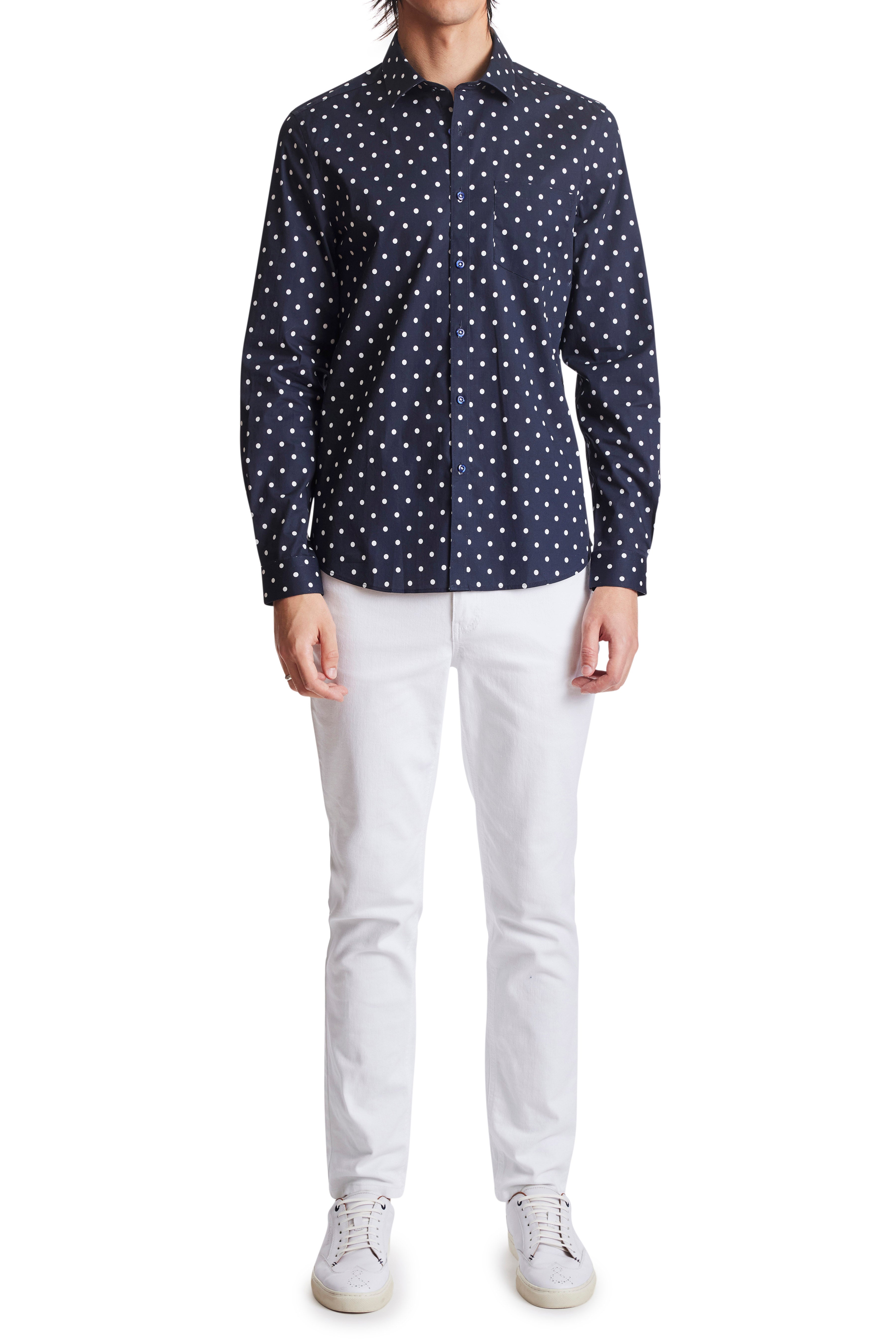 Samuel Spread Collar Shirt - Navy White Polkadot